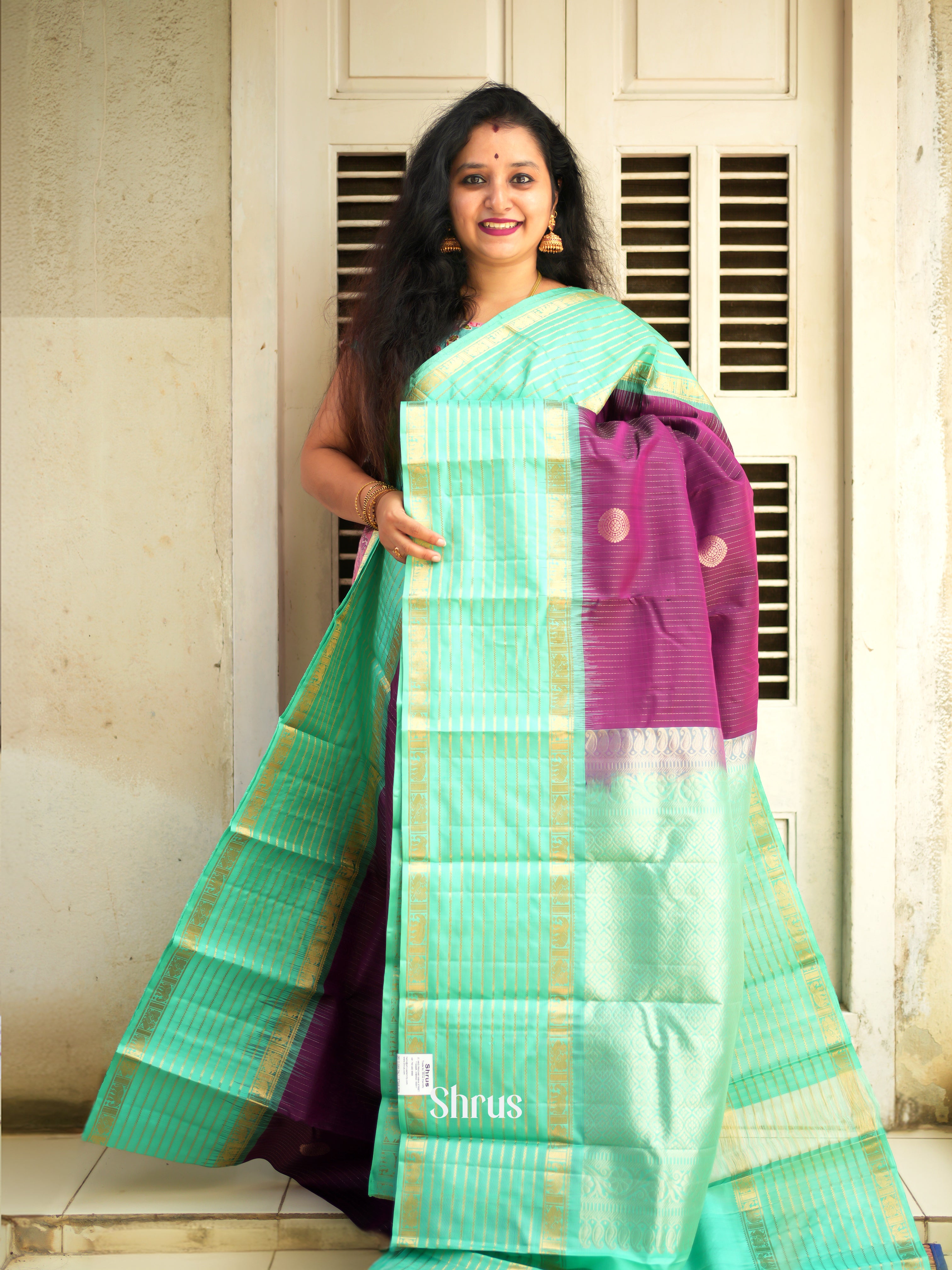 Purple & Teal Green - Soft Silk Saree-1