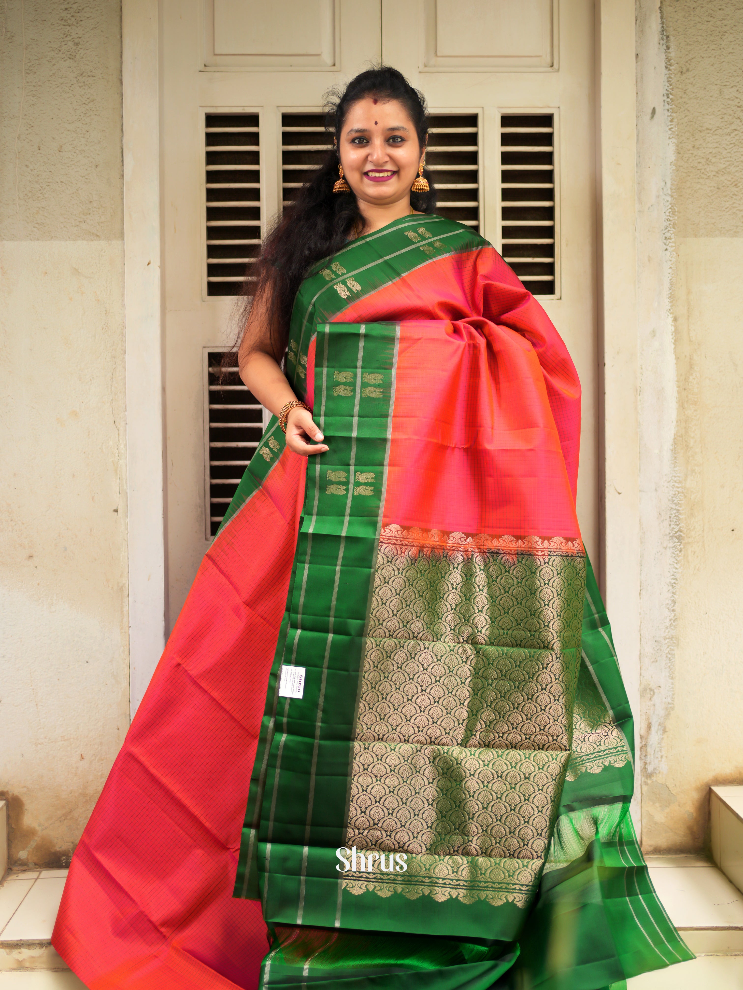 Red & Green - Soft Silk Saree - Shop on ShrusEternity.com