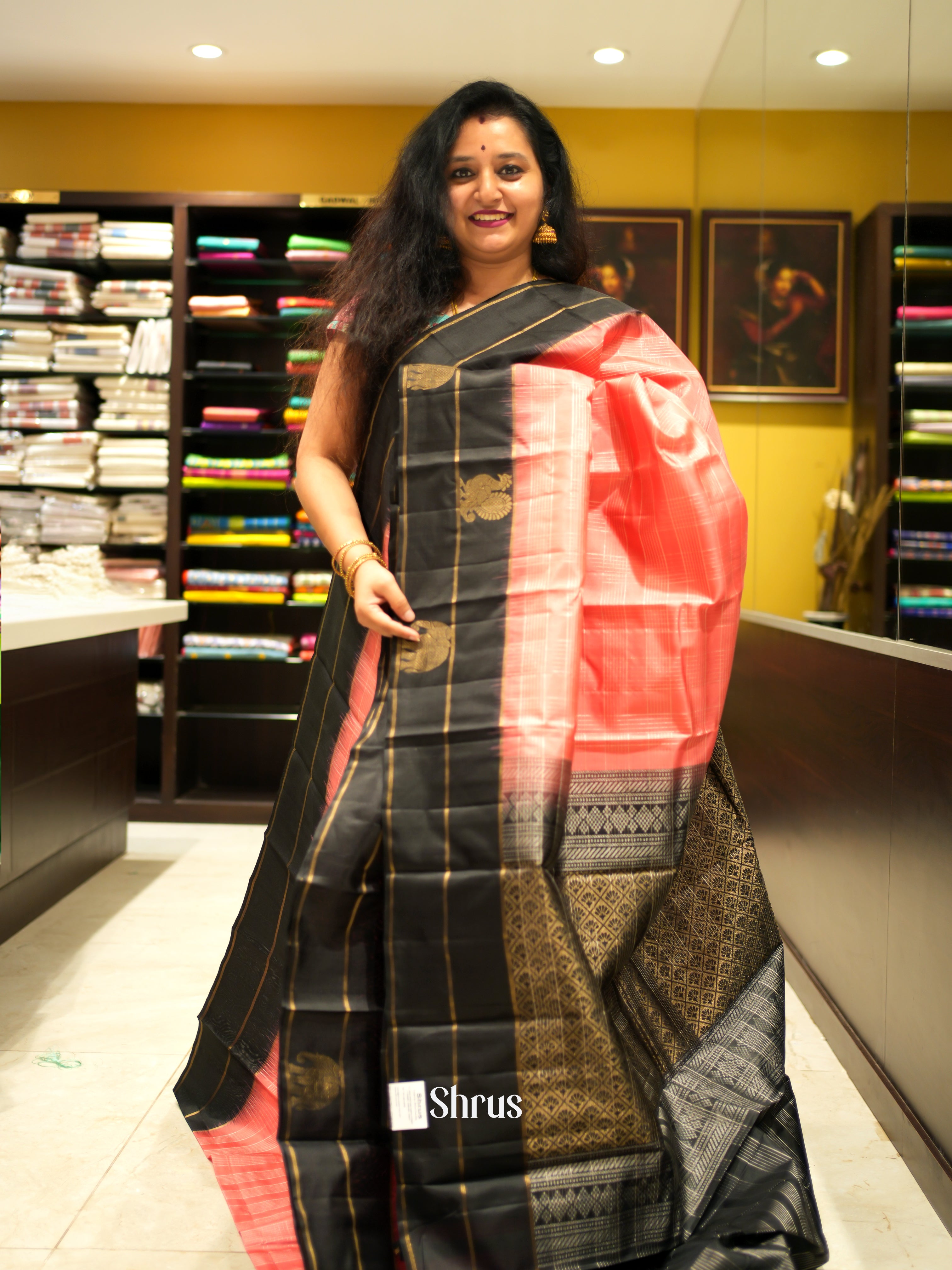 Peachish Pink & Black - Soft Silk Saree - Shop on ShrusEternity.com