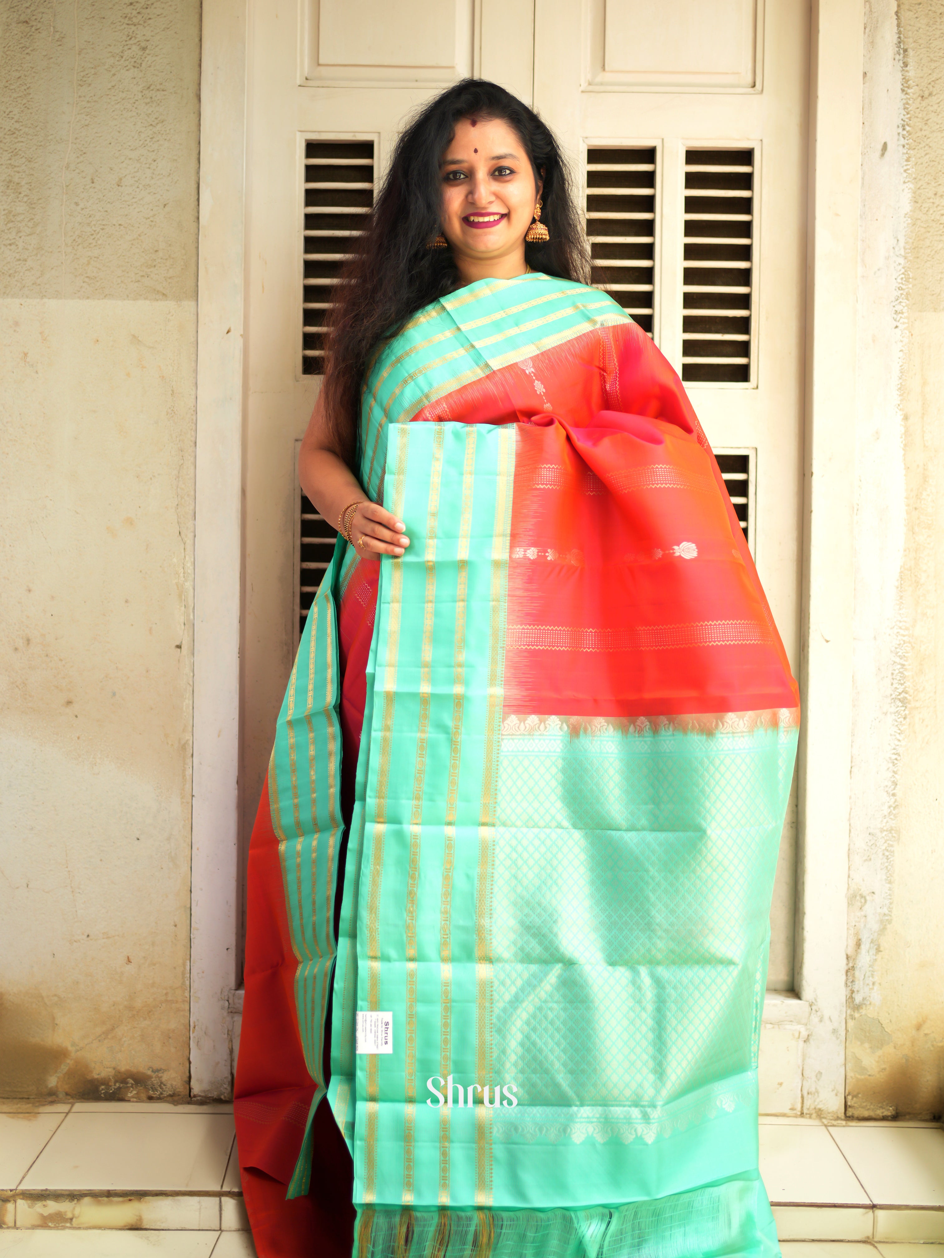 Red & Teal - Soft Silk Saree - Shop on ShrusEternity.com