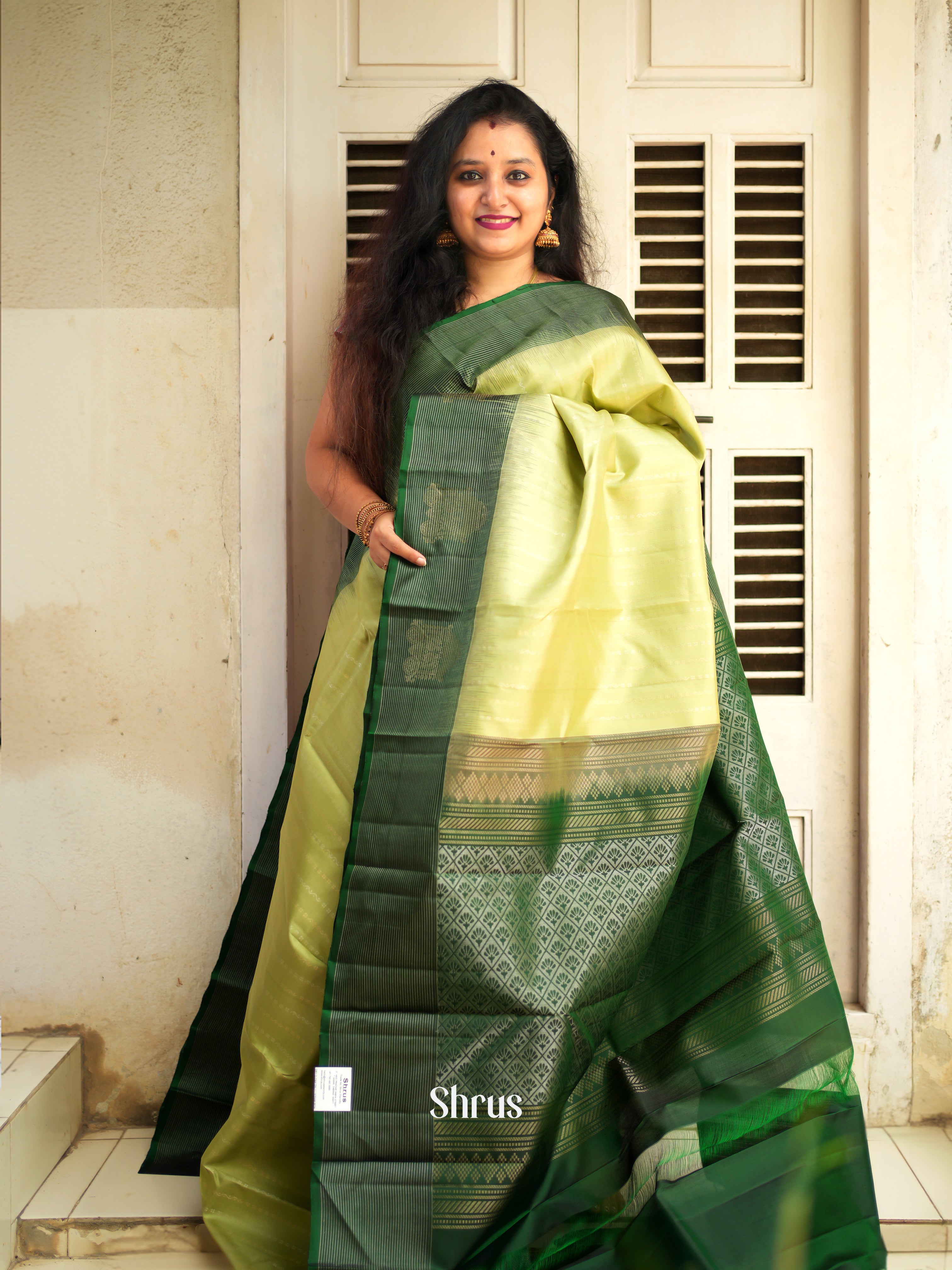 Light Green & Green - Soft Silk Saree - Shop on ShrusEternity.com