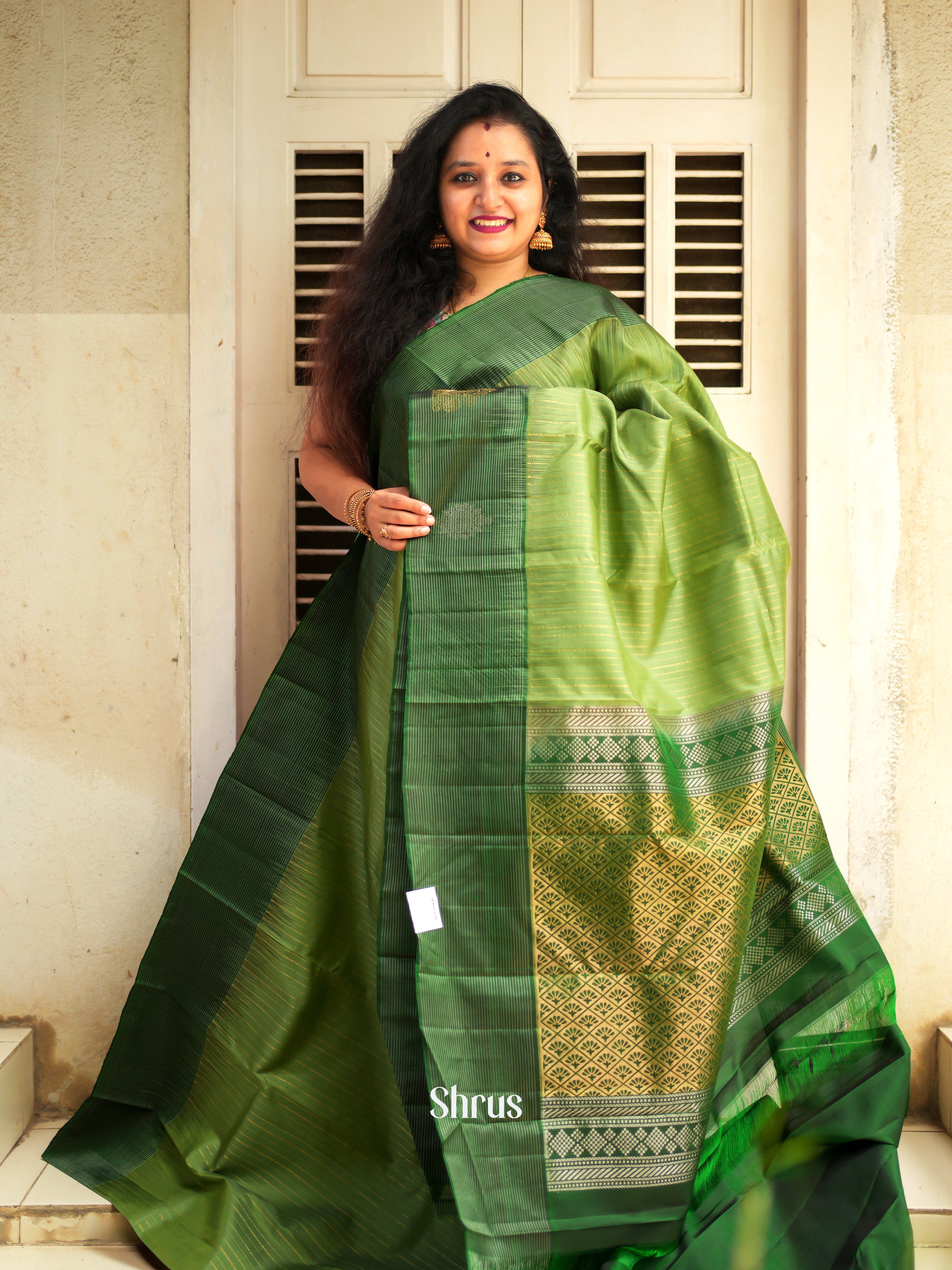 Light Green & Green - Soft Silk Saree - Shop on ShrusEternity.com