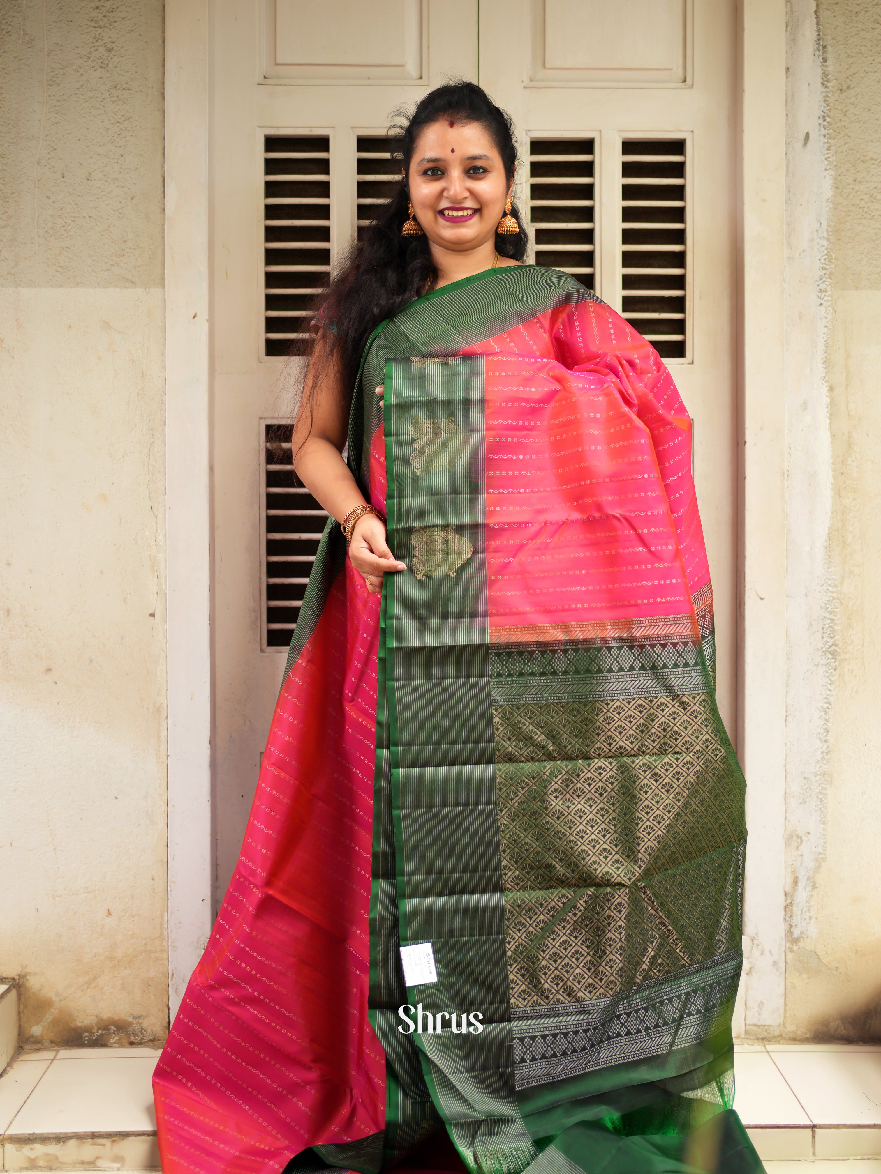Pink & Green - Soft Silk Saree - Shop on ShrusEternity.com