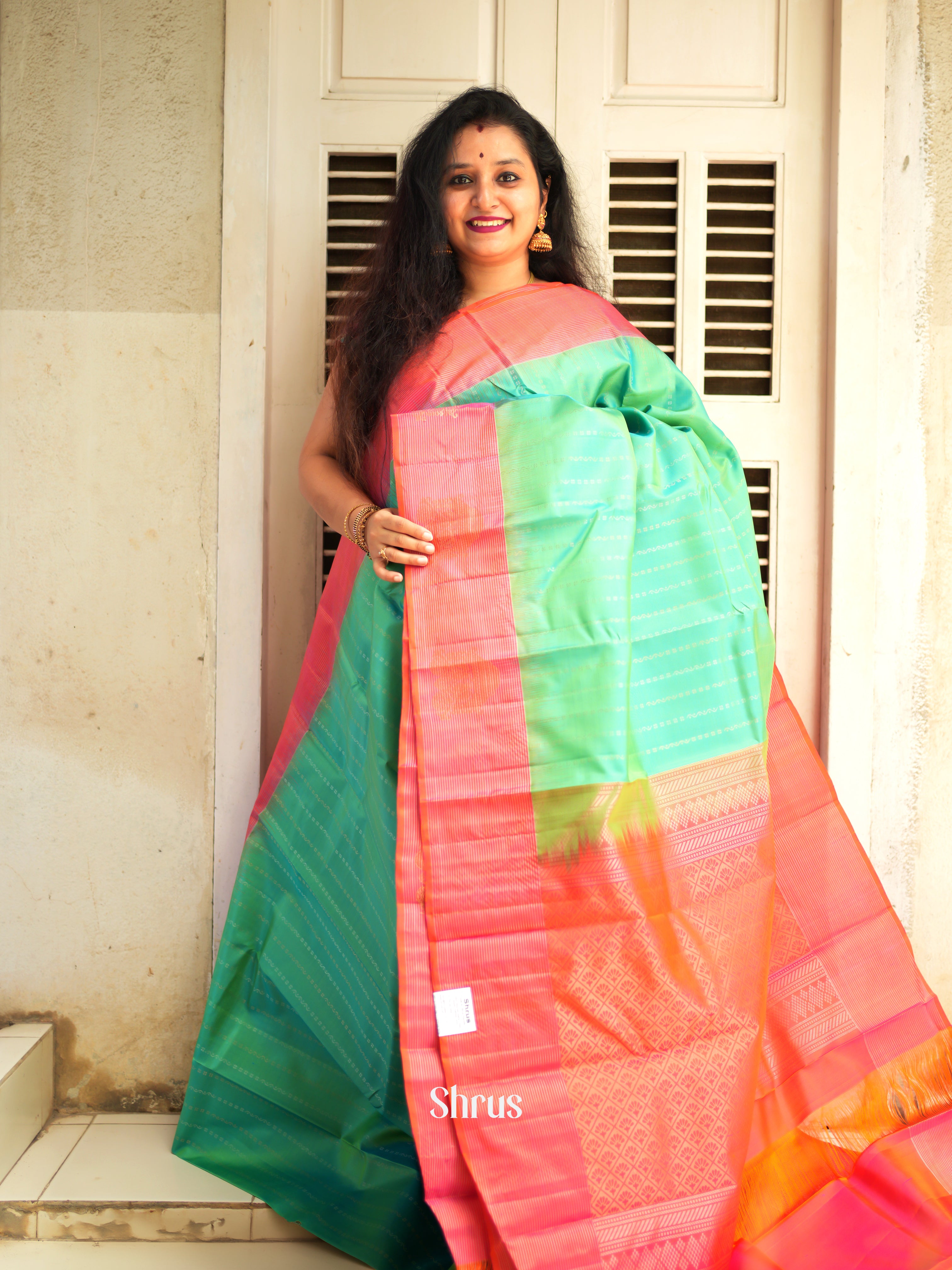 Green & Orangish Pink - Soft Silk Saree - Shop on ShrusEternity.com