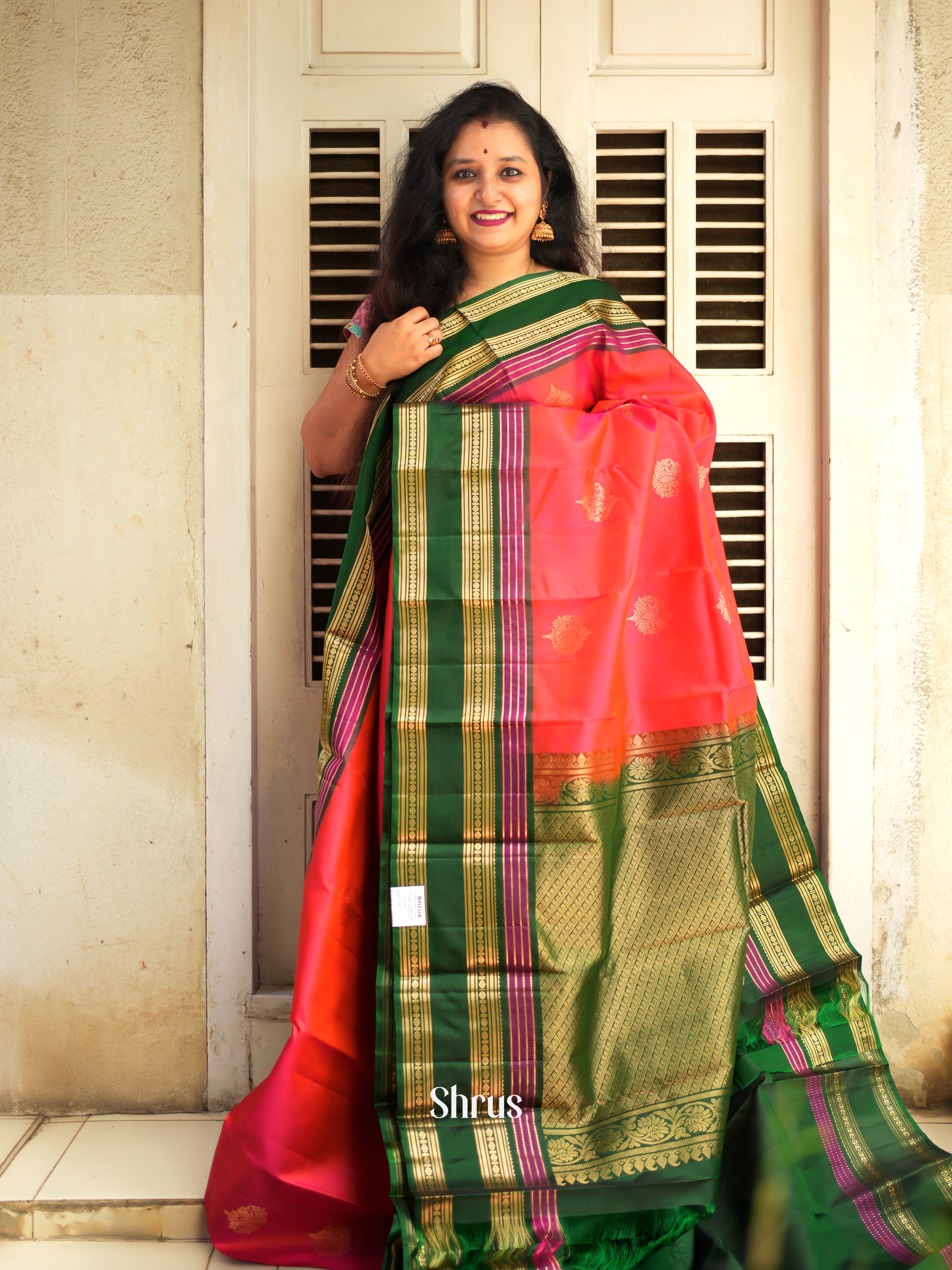 Red & Green - Soft Silk Saree - Shop on ShrusEternity.com