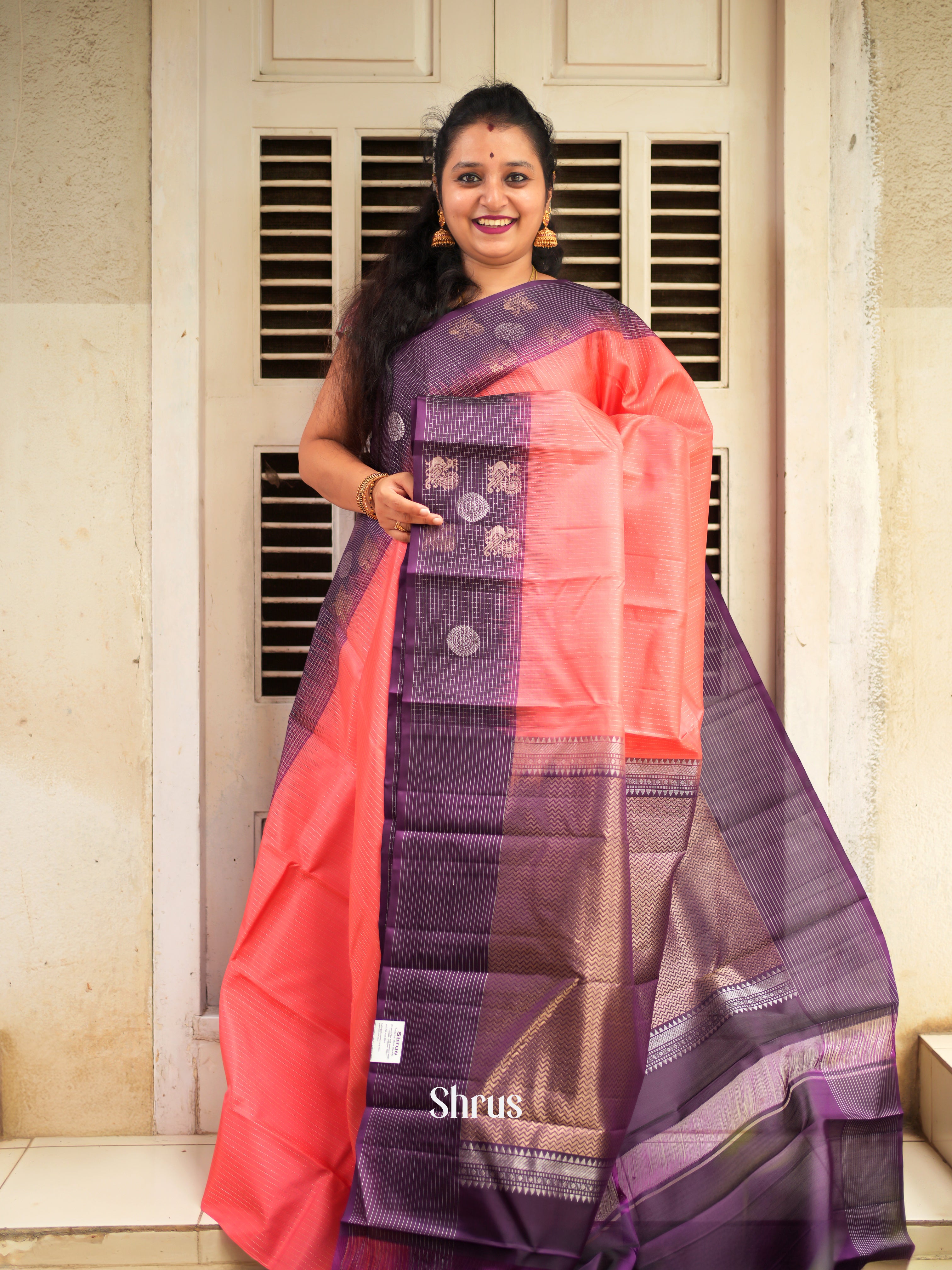 Peachish Pink & Purple - Soft Silk Saree - Shop on ShrusEternity.com