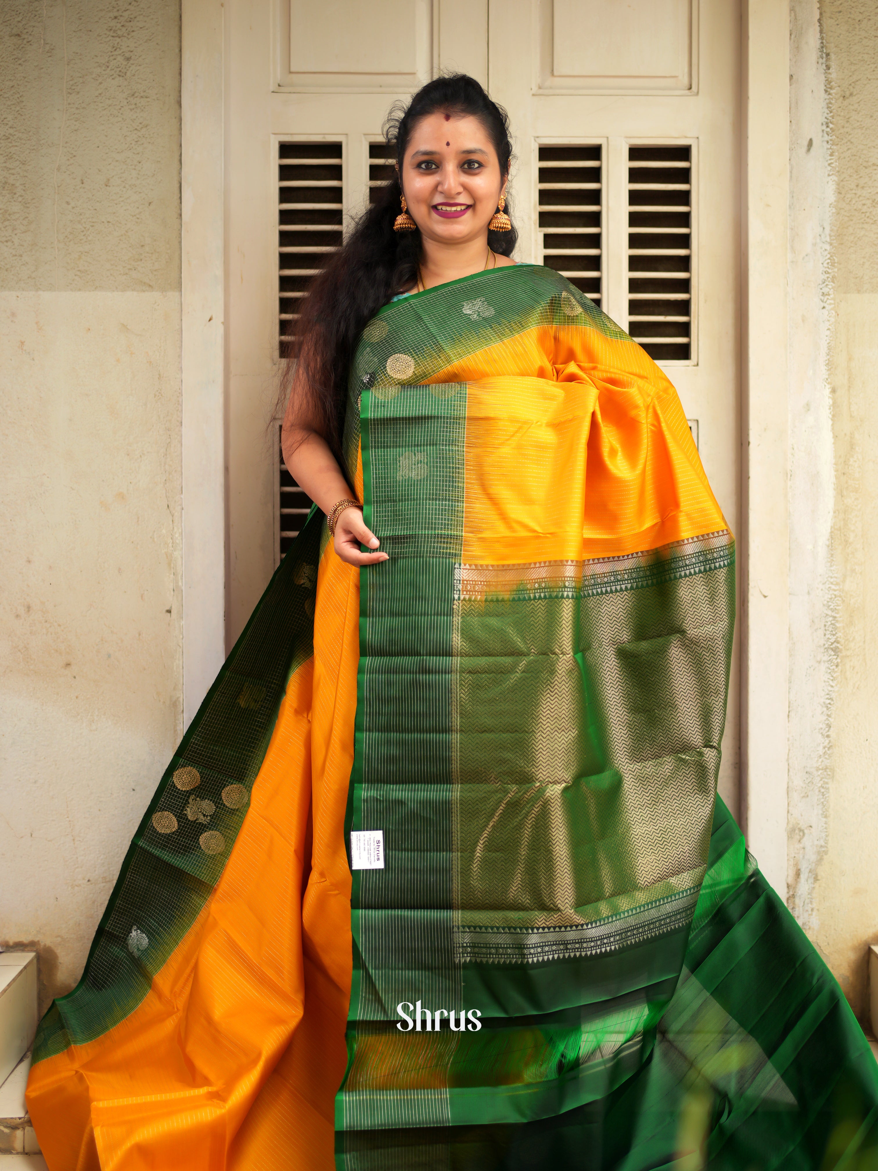 Yellow & Green - Soft Silk Saree - Shop on ShrusEternity.com