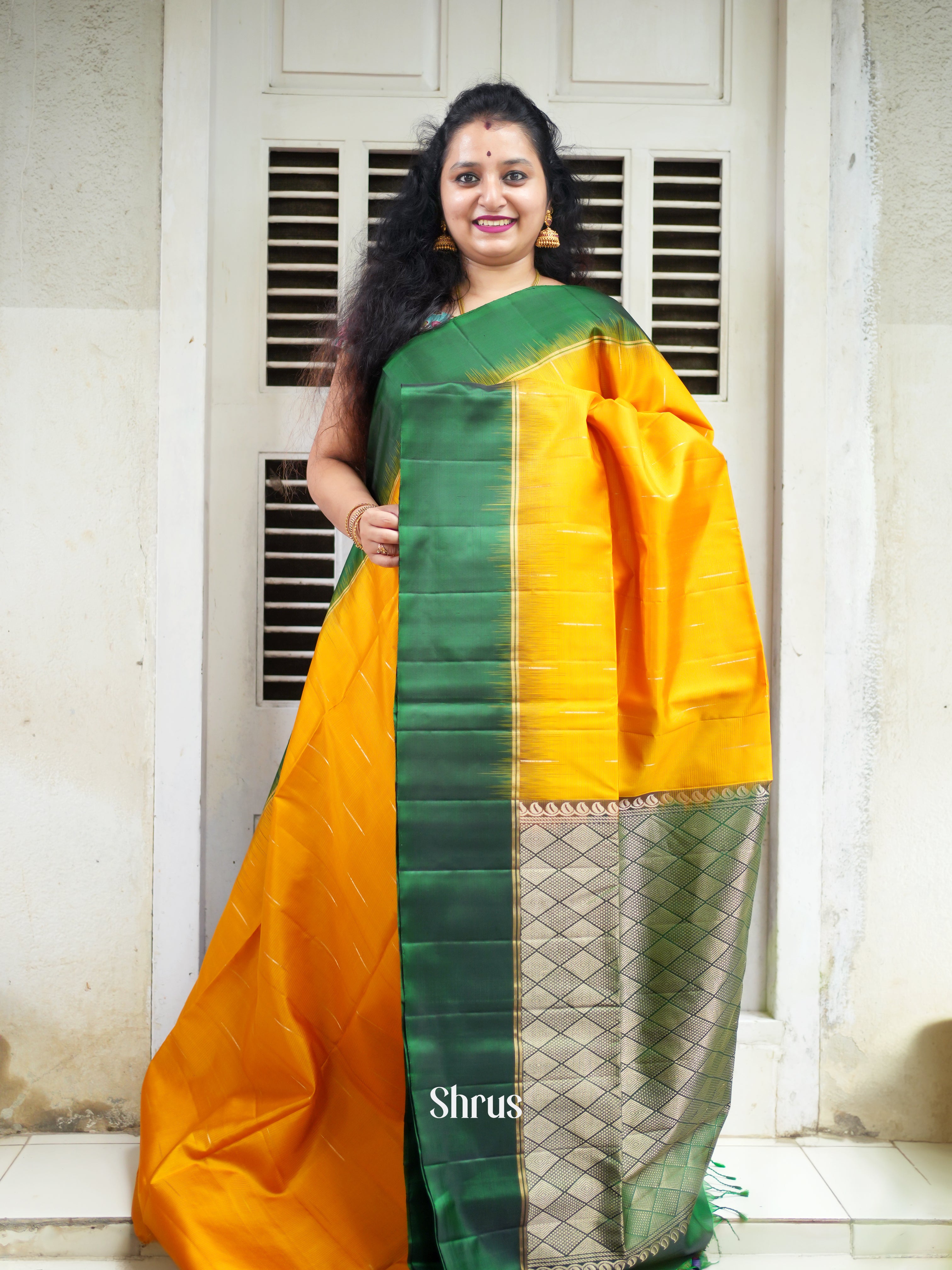 Yellow & Green - Soft Silk Saree - Shop on ShrusEternity.com