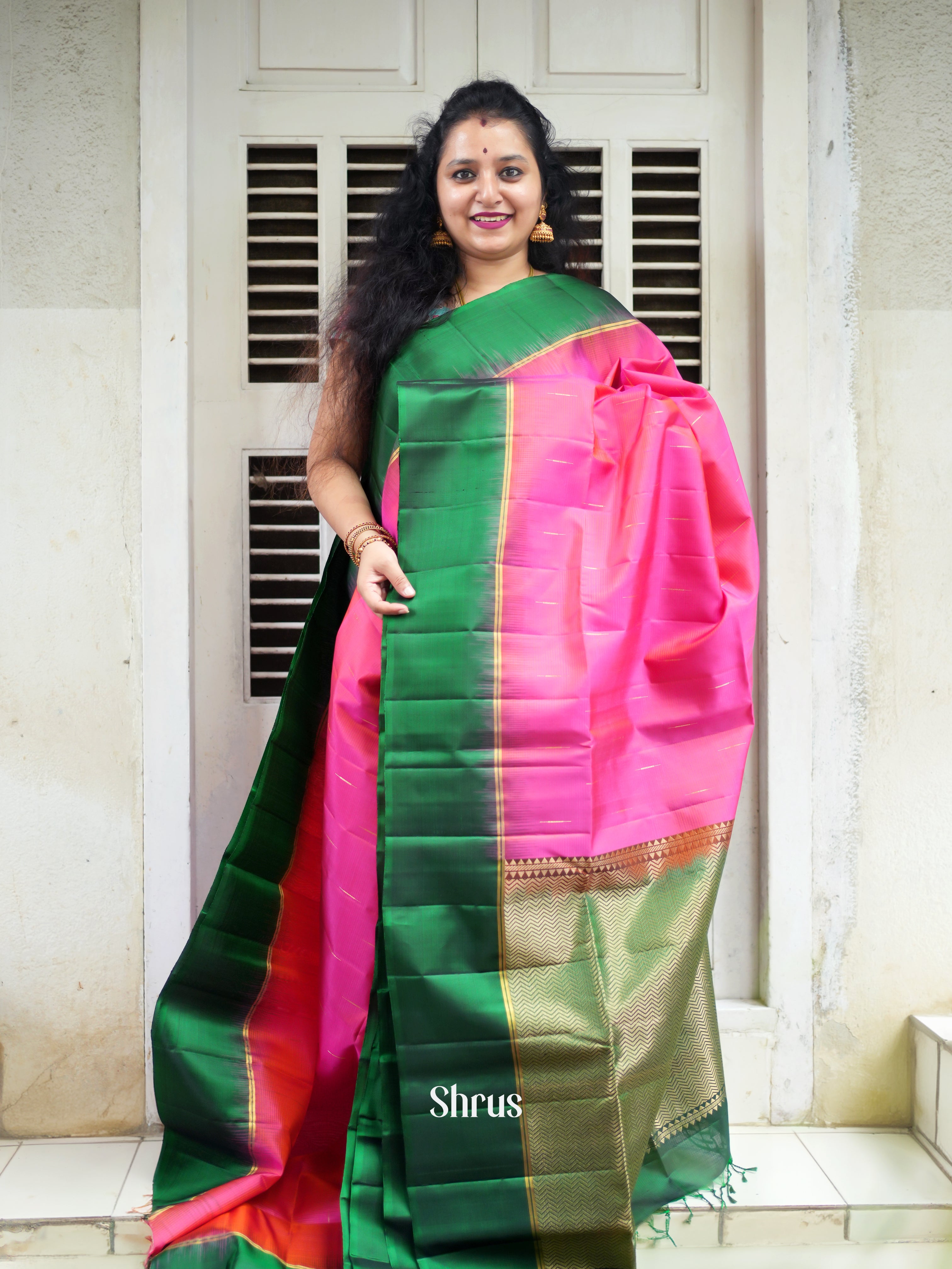 Pink & Green - Soft Silk Saree - Shop on ShrusEternity.com