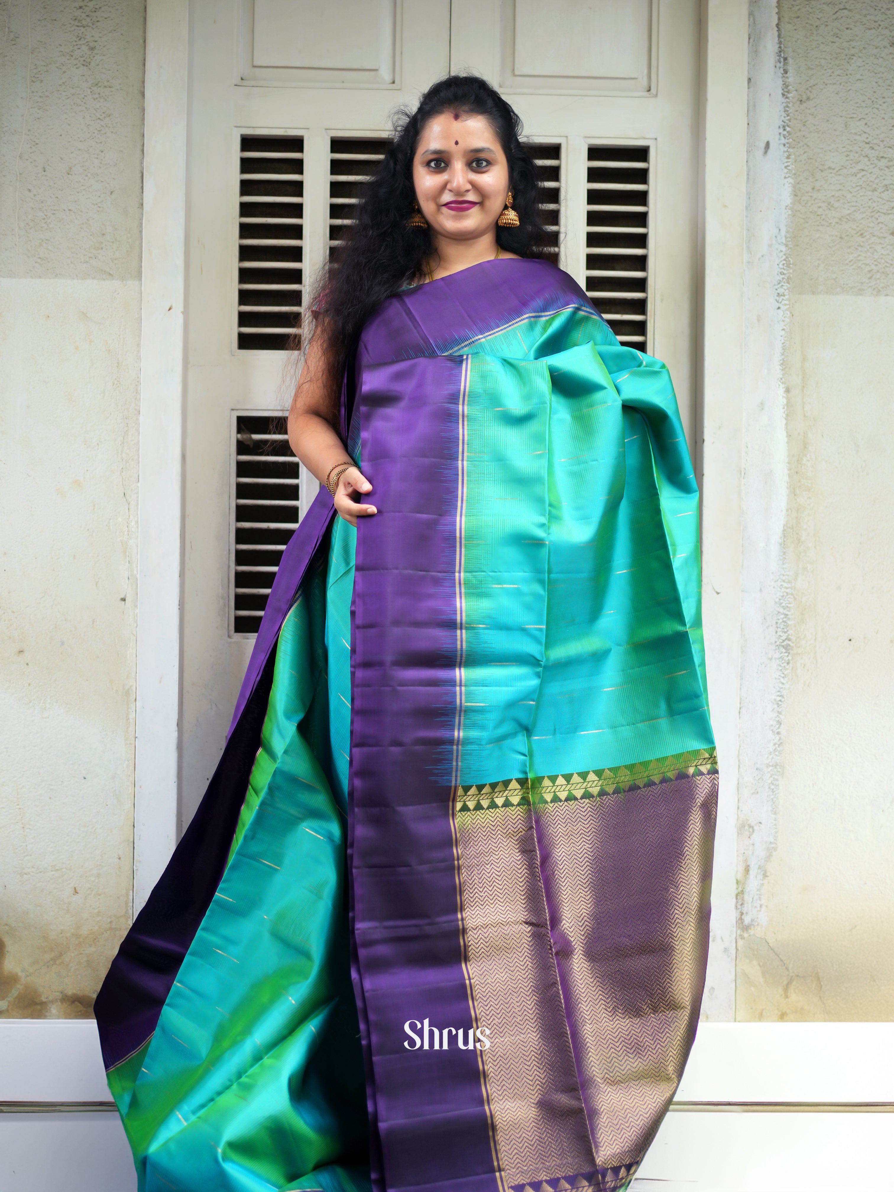 Teal & Violet - Soft Silk Saree - Shop on ShrusEternity.com