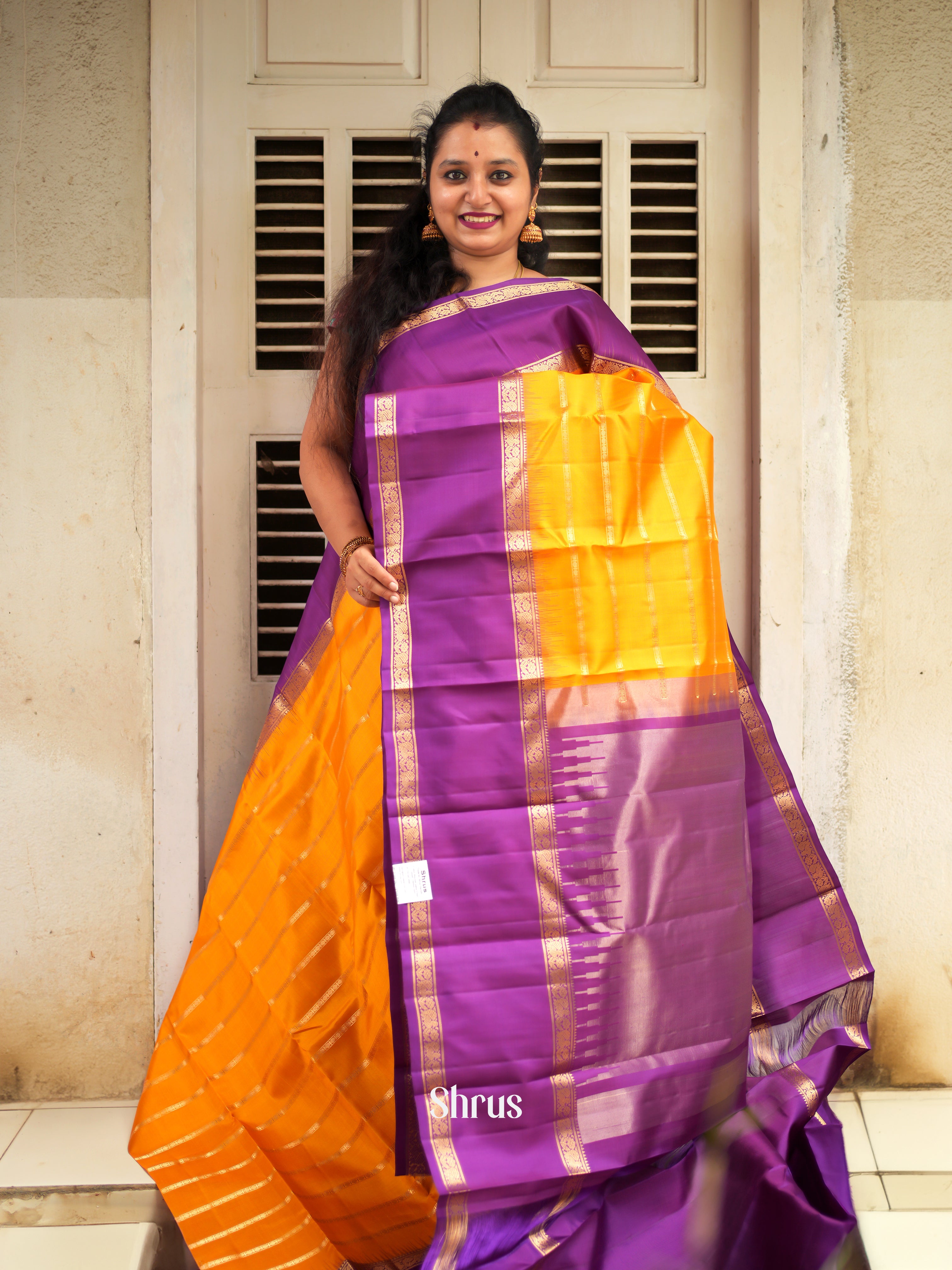 Yellow & Purple - Soft Silk Saree - Shop on ShrusEternity.com