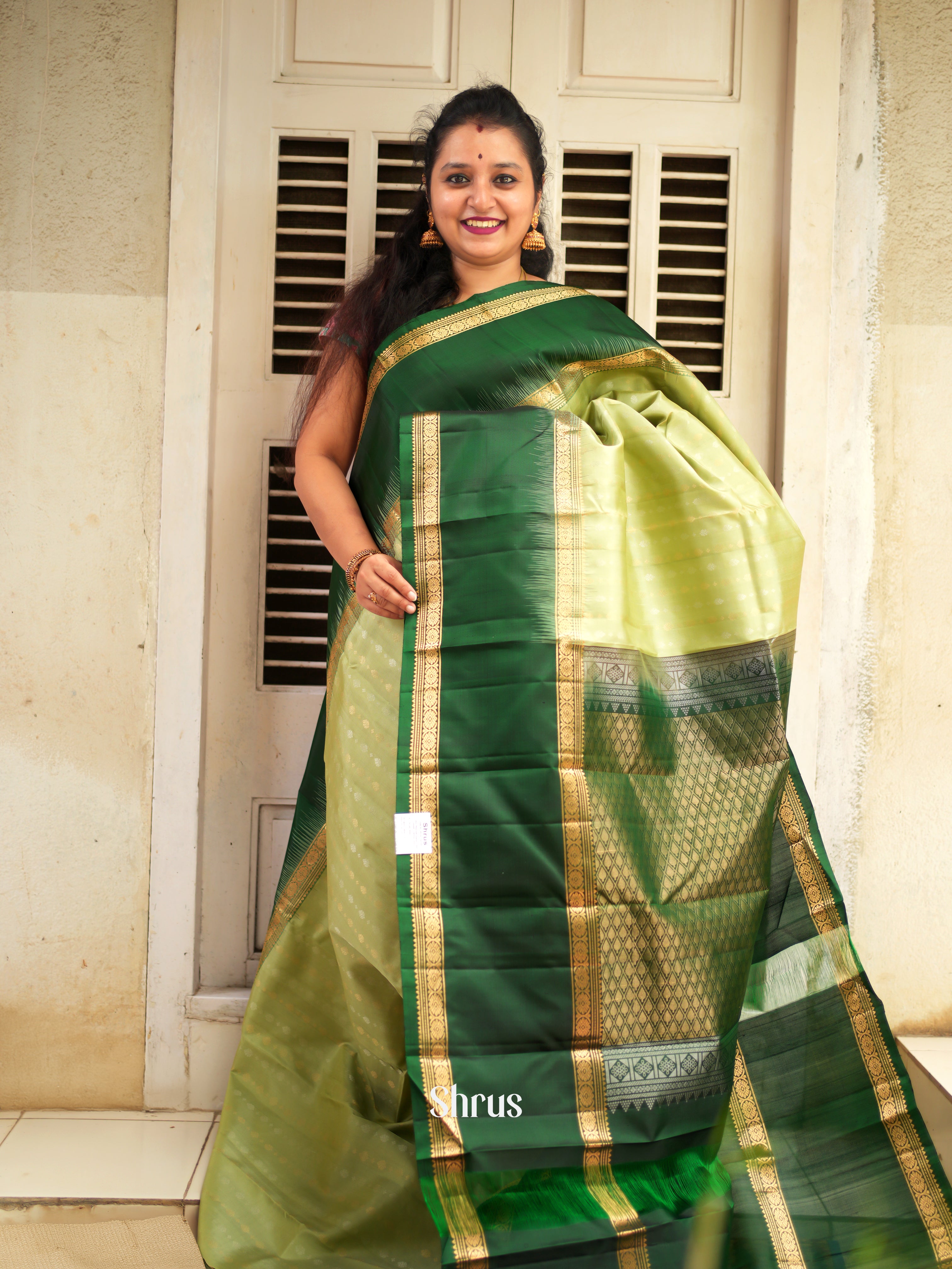 Lime Green & Green - Soft Silk Saree - Shop on ShrusEternity.com