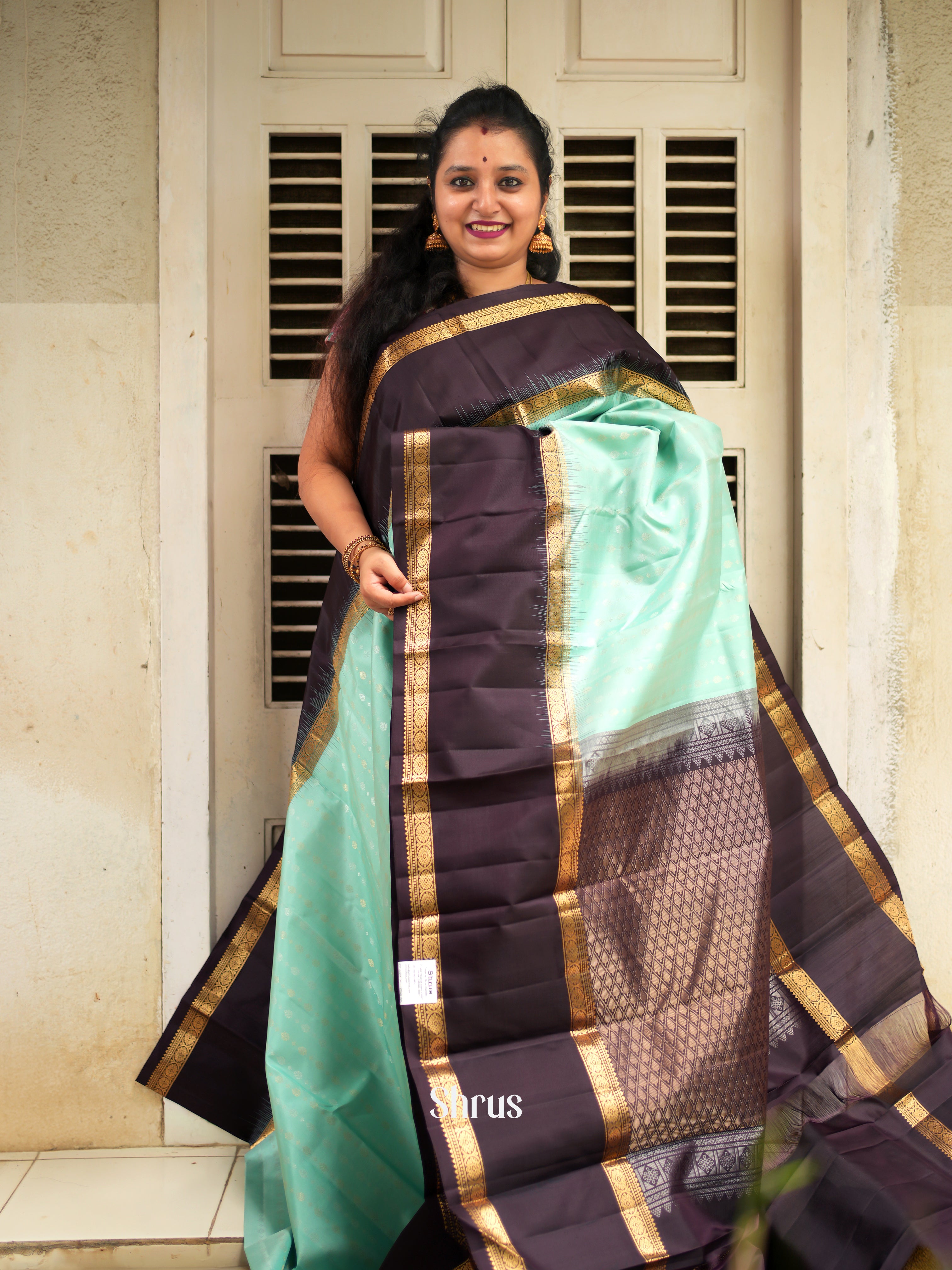Teal green & Brown - Soft Silk Saree - Shop on ShrusEternity.com