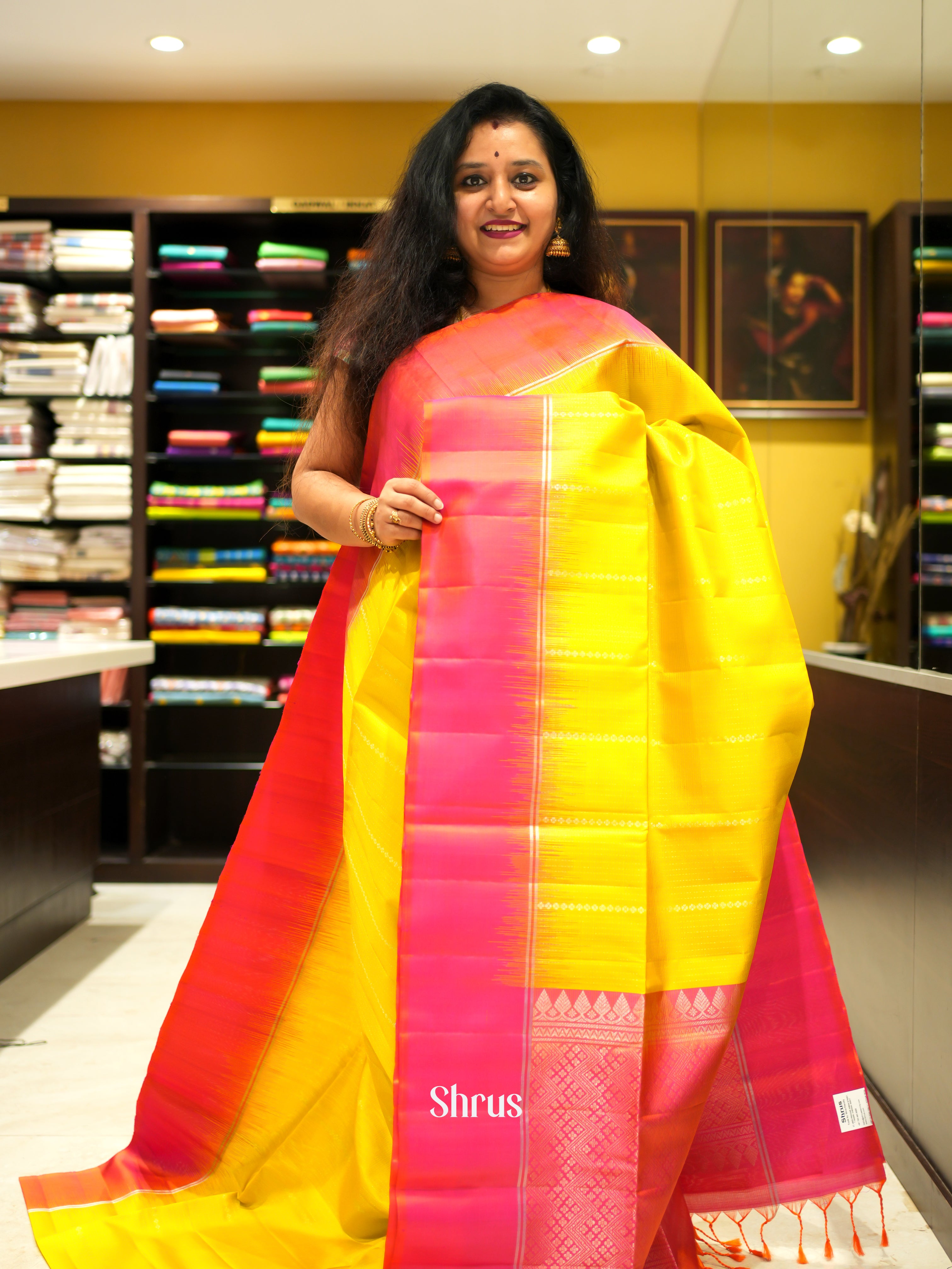 Yellow & Orangish PInk - Soft Silk Saree - Shop on ShrusEternity.com
