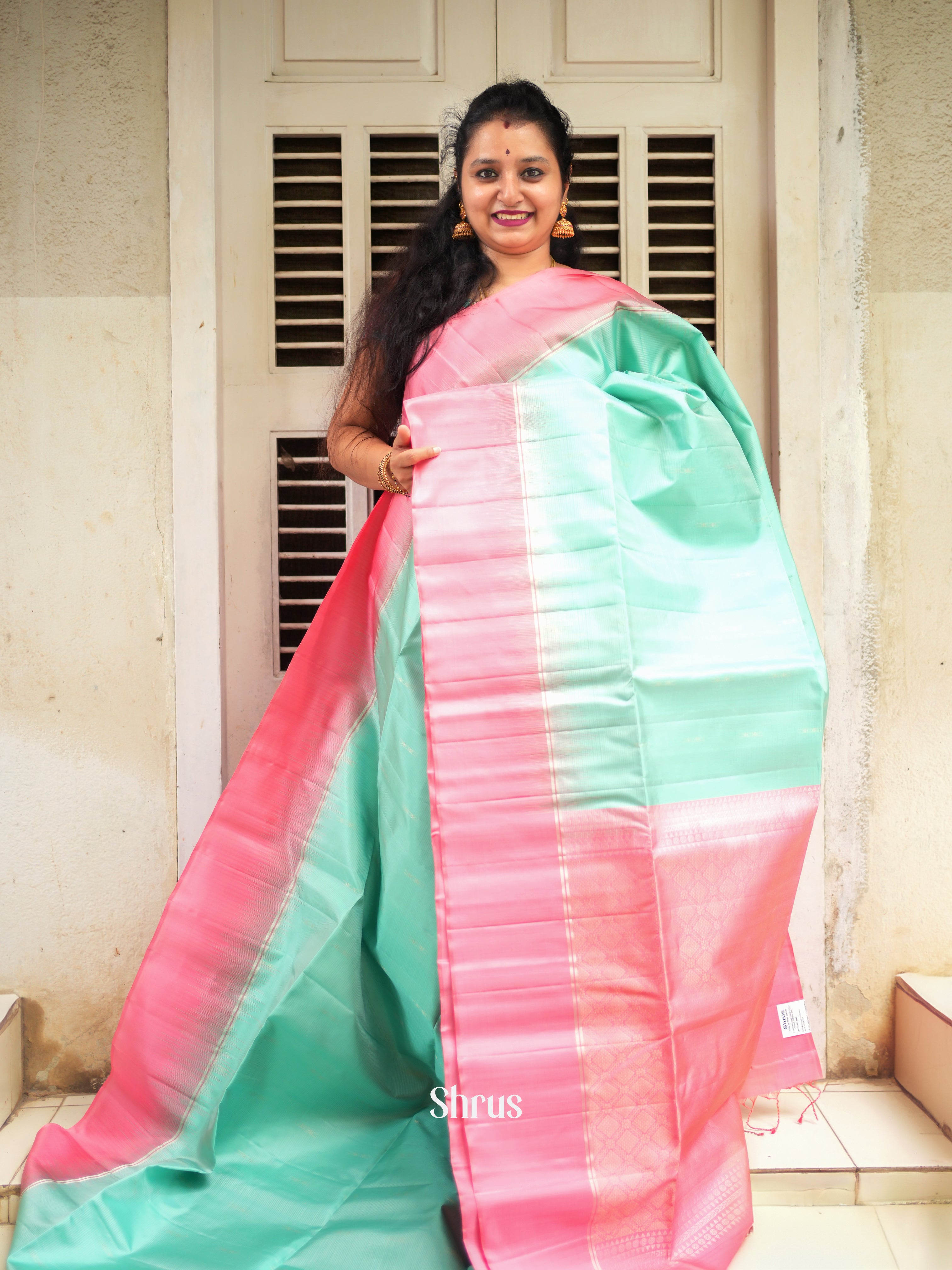 Teal Green & Pink - Soft Silk Saree - Shop on ShrusEternity.com