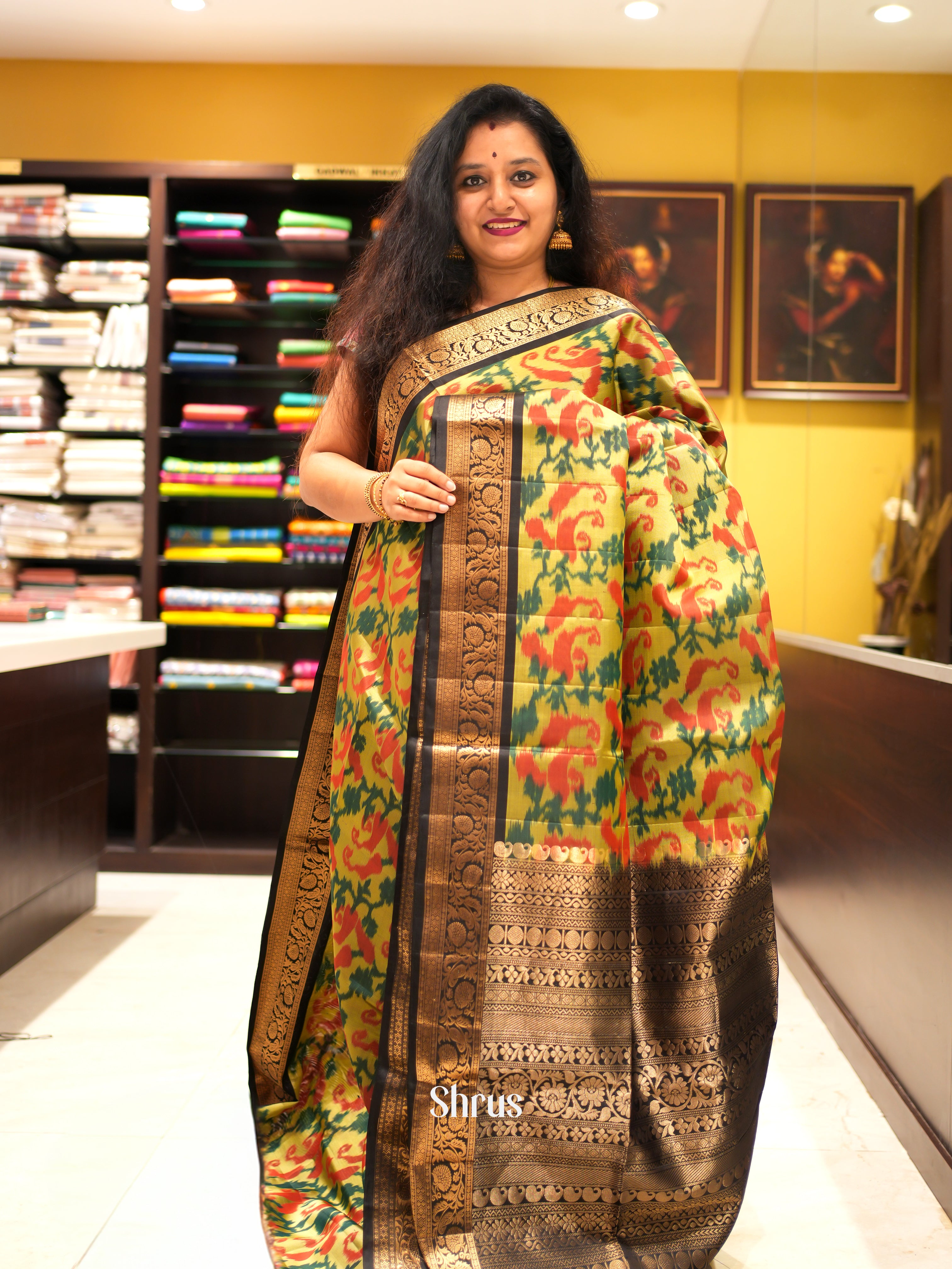 Mustardy Green & Black - Soft Silk Saree - Shop on ShrusEternity.com