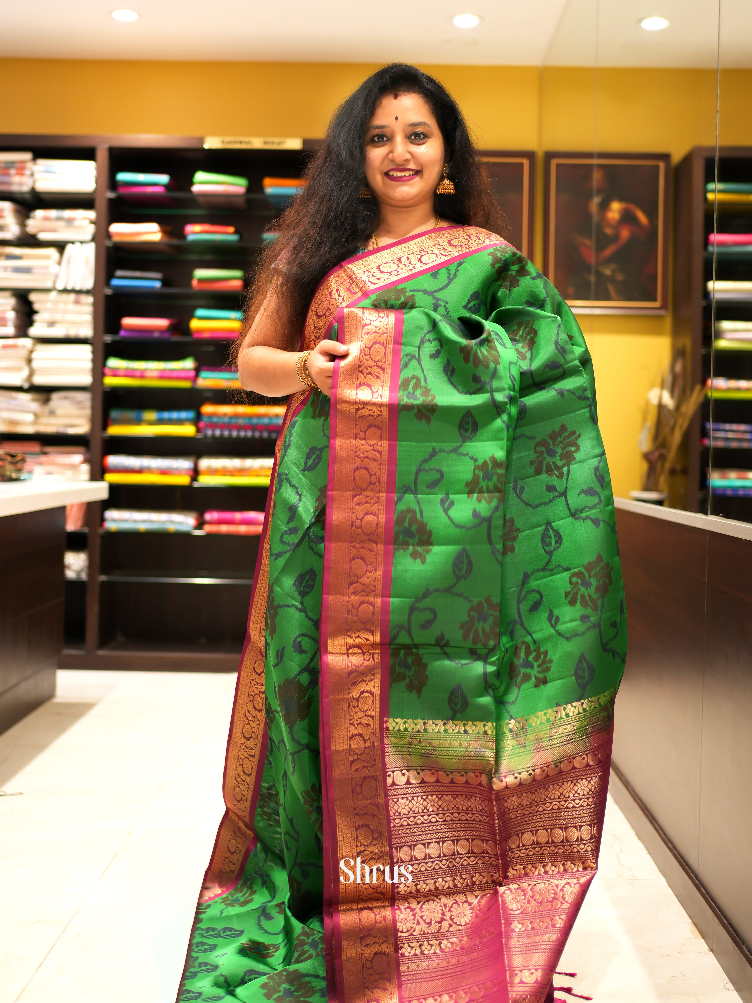 Green & Majenta - Soft Silk Saree - Shop on ShrusEternity.com