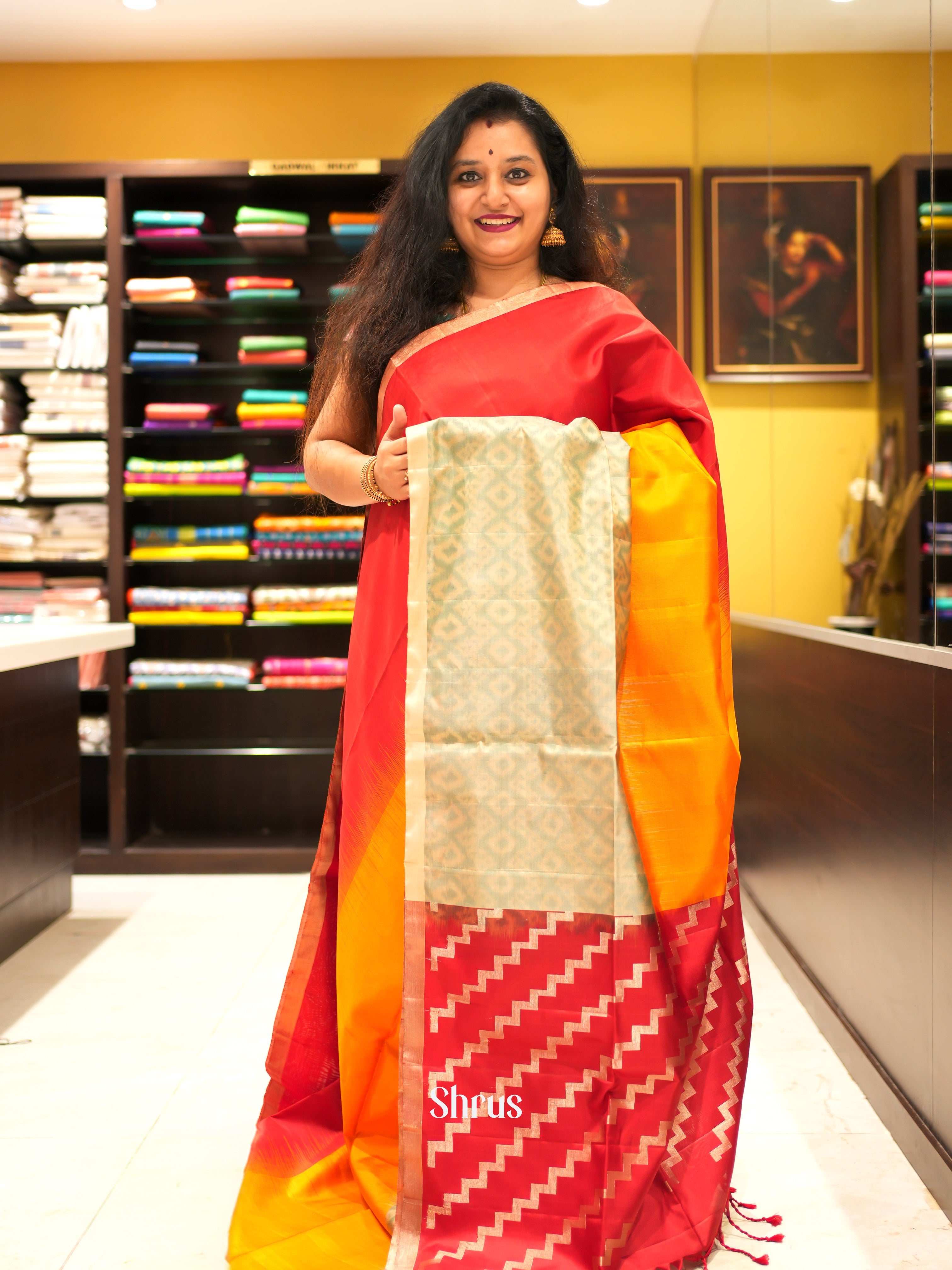 Red , Yellow , Grey - Soft Silk Saree - Shop on ShrusEternity.com