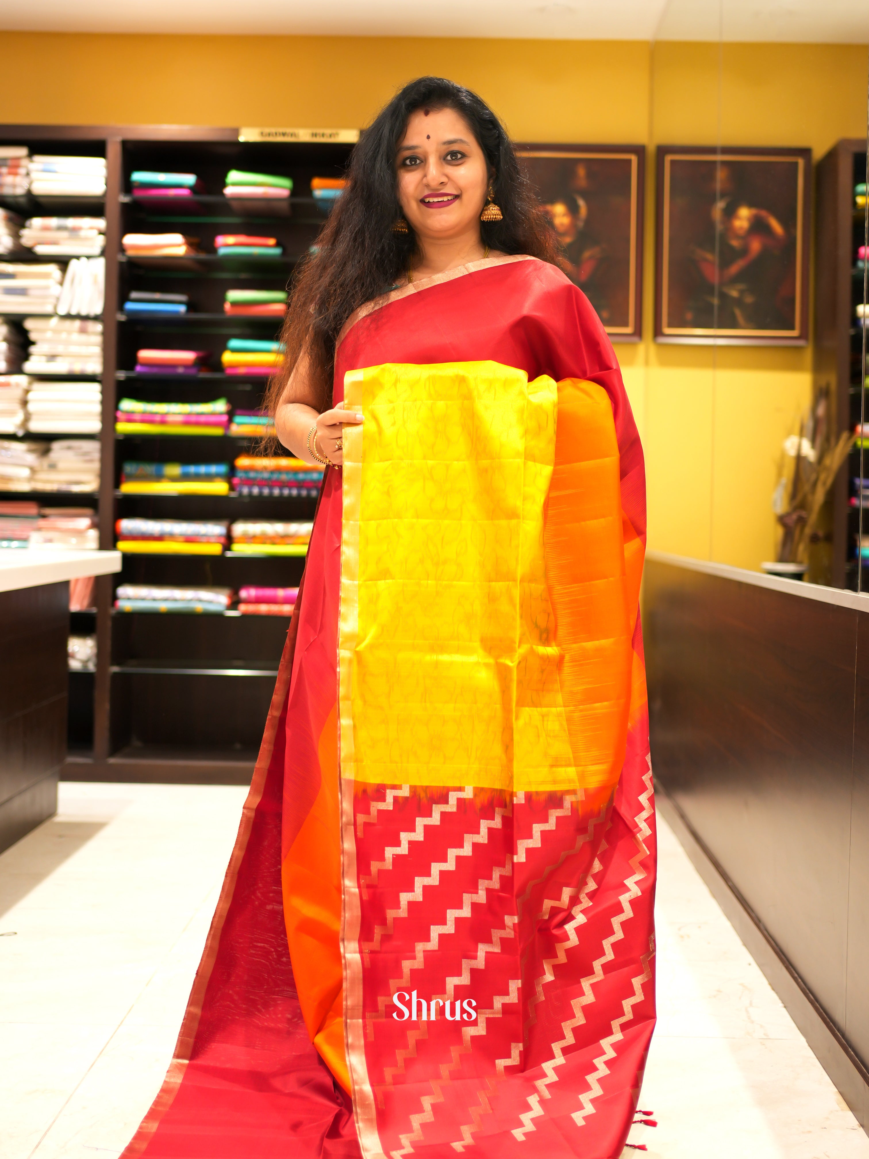 Red , Orange & Yellow - Soft Silk Saree - Shop on ShrusEternity.com