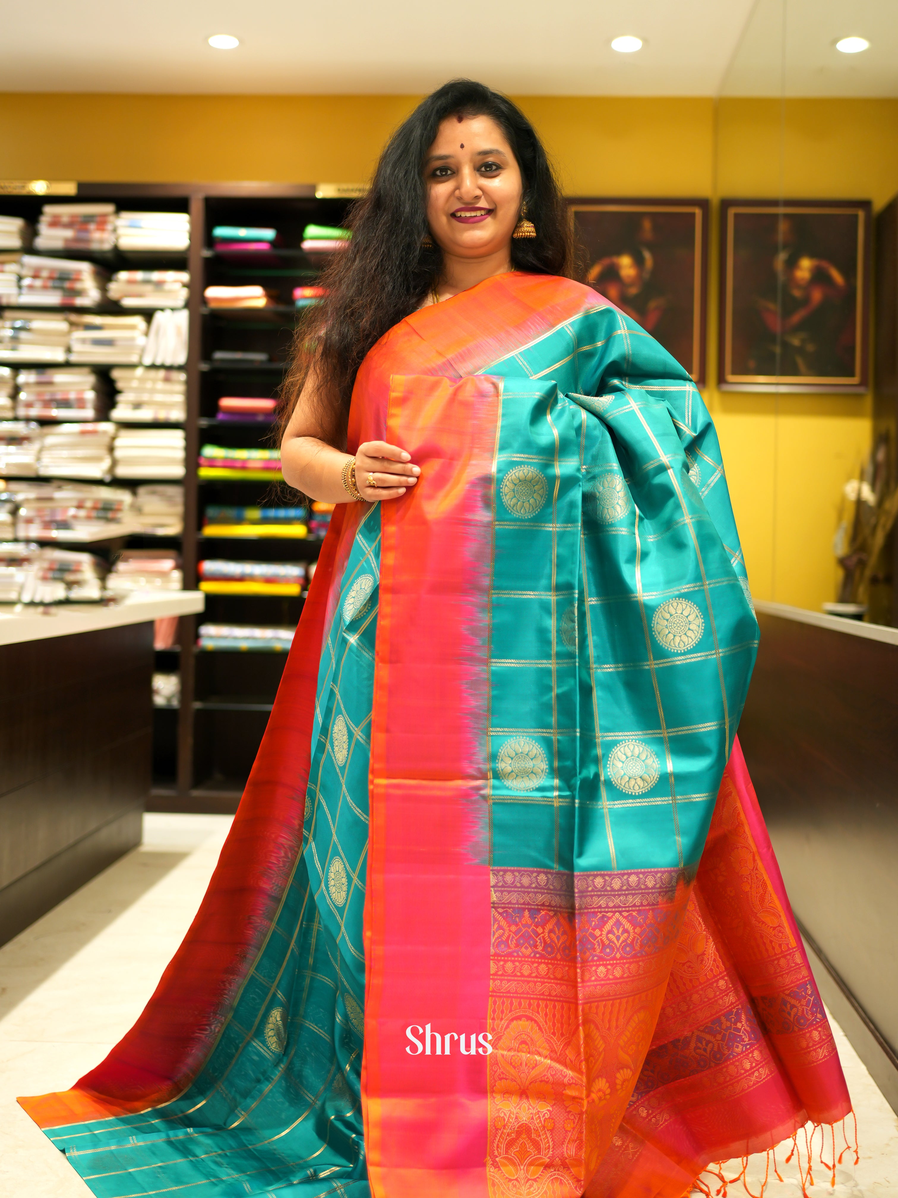 Teal & Orange - Soft Silk Saree - Shop on ShrusEternity.com