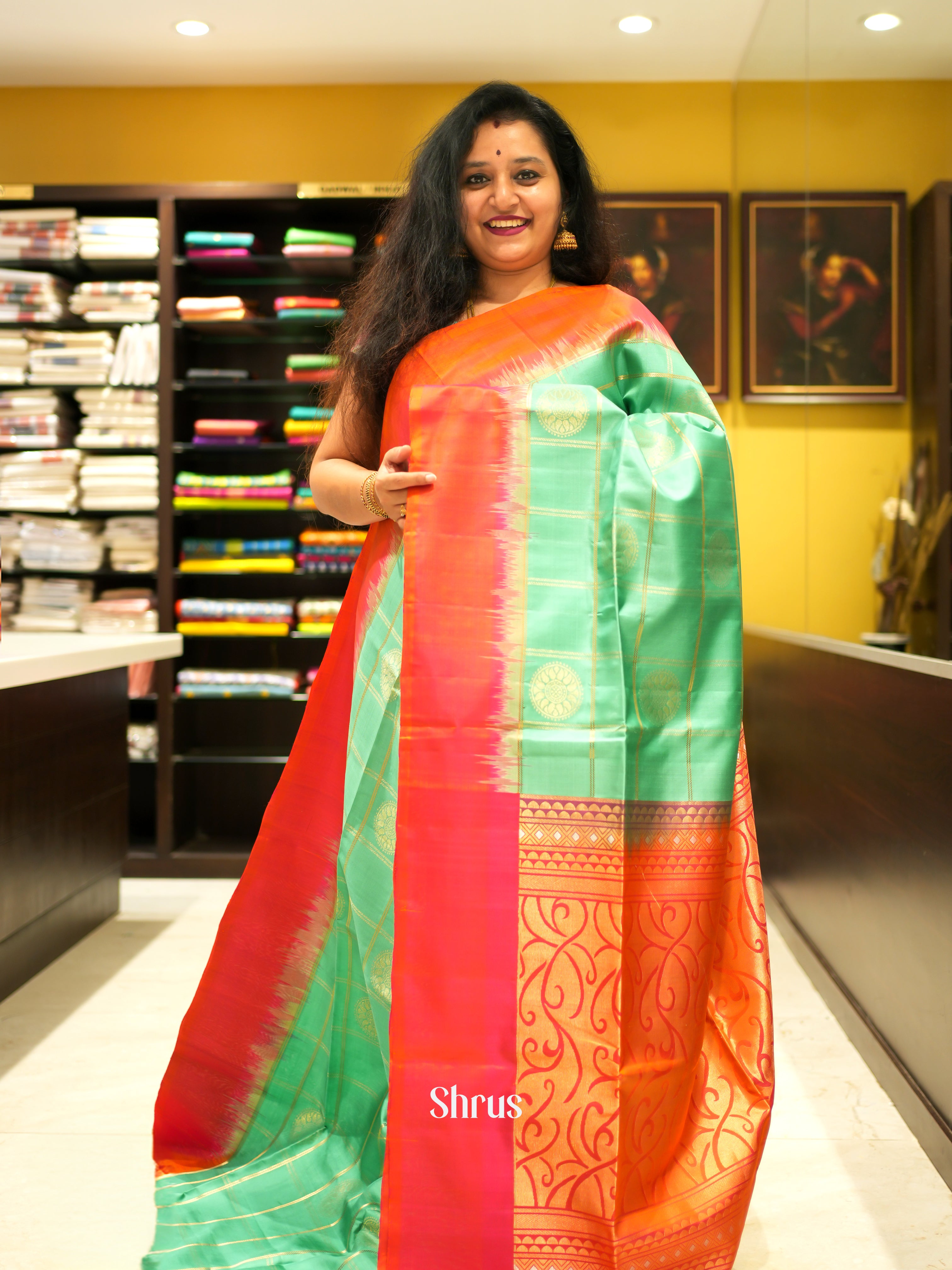 Pista Green & Orange - Soft Silk Saree - Shop on ShrusEternity.com