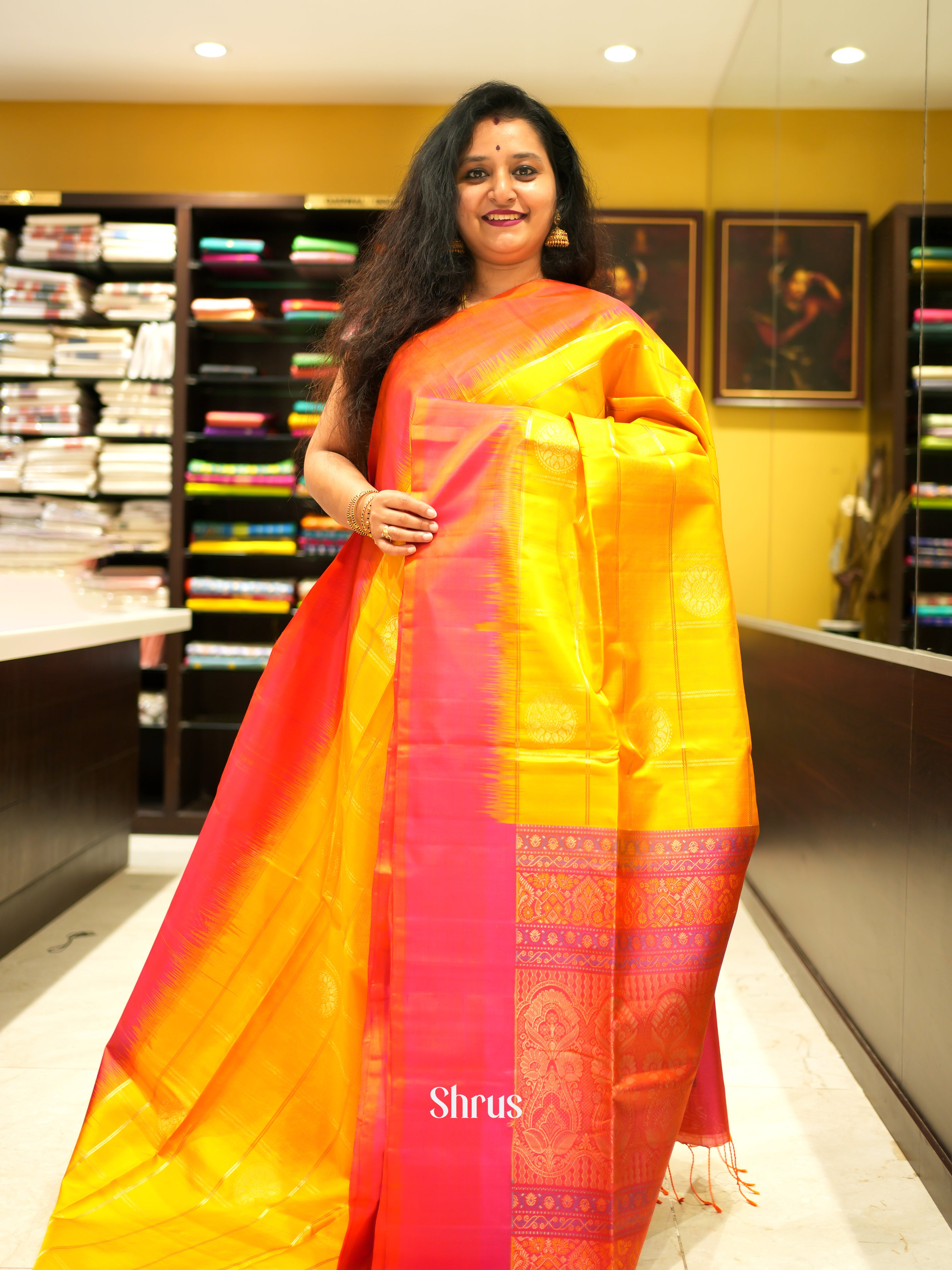 Yellow & Orangish Pink - Soft Silk Saree - Shop on ShrusEternity.com