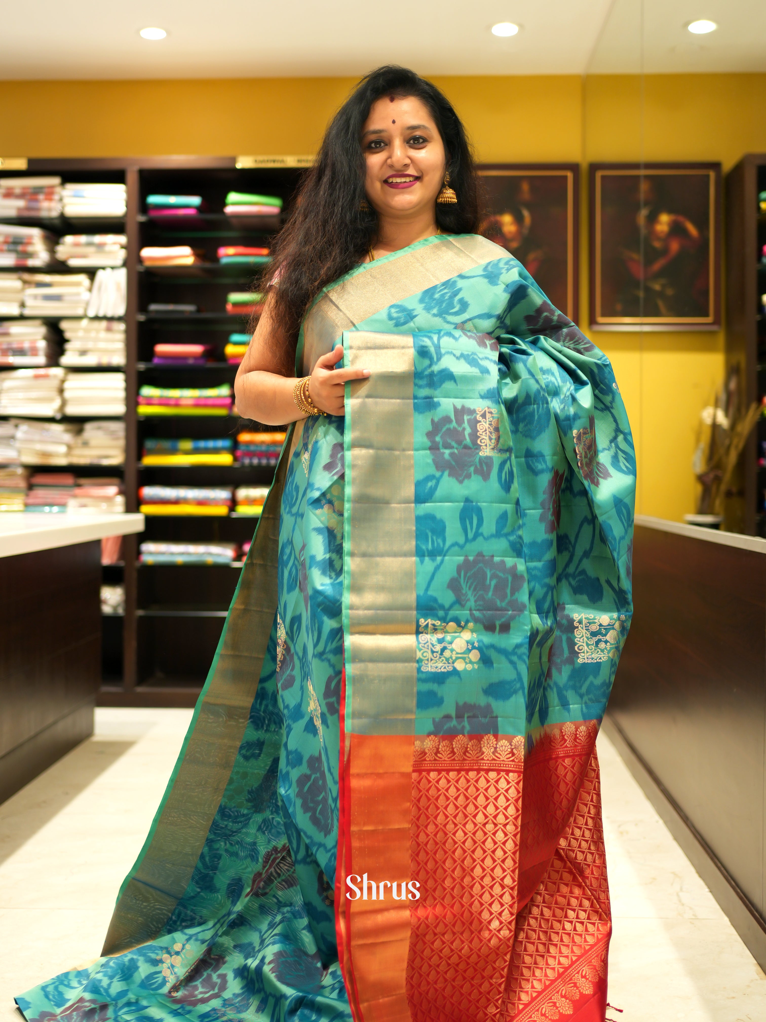 Blue & Red - Soft Silk Saree - Shop on ShrusEternity.com