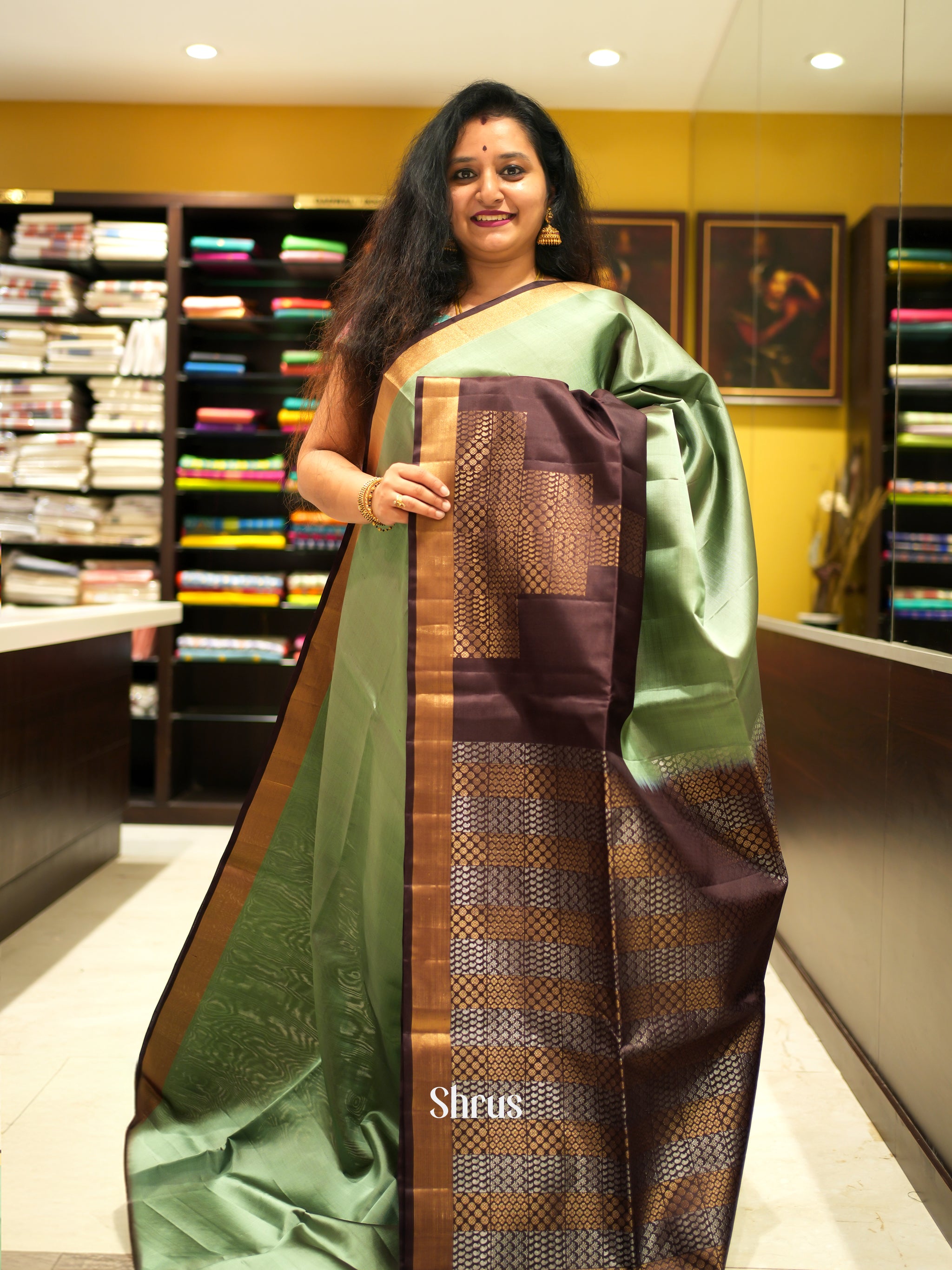 Handwoven Silk Cotton Saree - Thunderbird Brown + Forest Green
