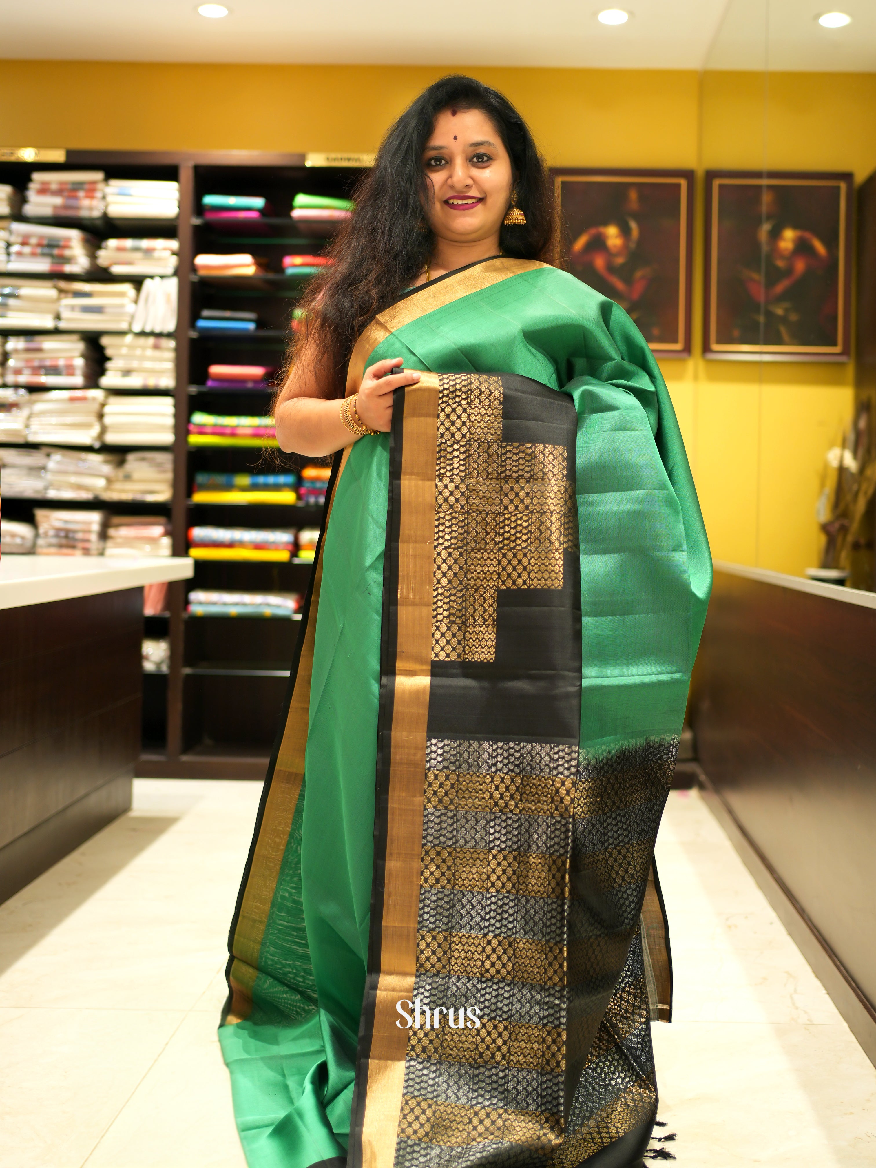Green & Black - Soft Silk Saree - Shop on ShrusEternity.com