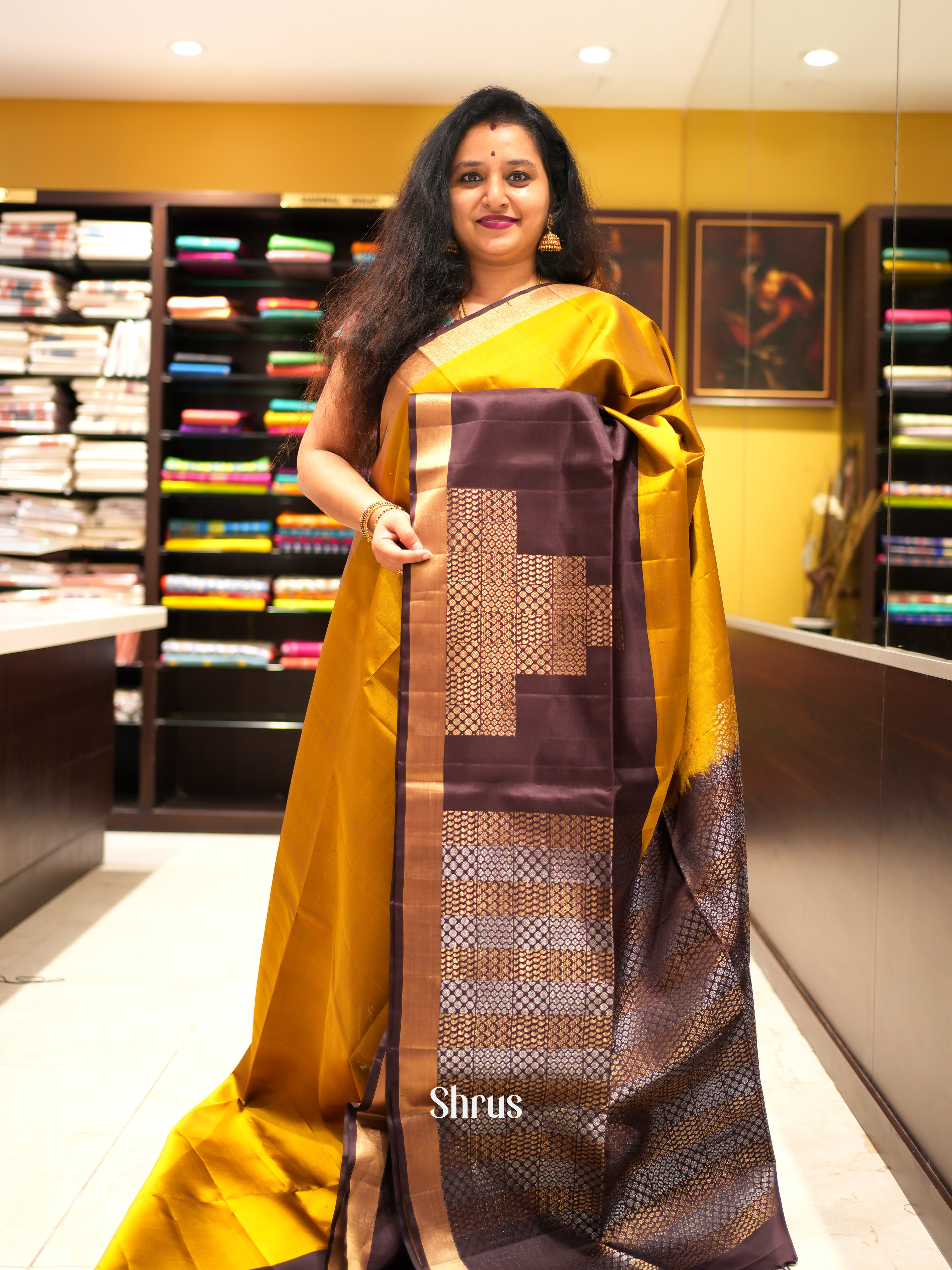 Mustard & Brown - Soft Silk Saree - Shop on ShrusEternity.com