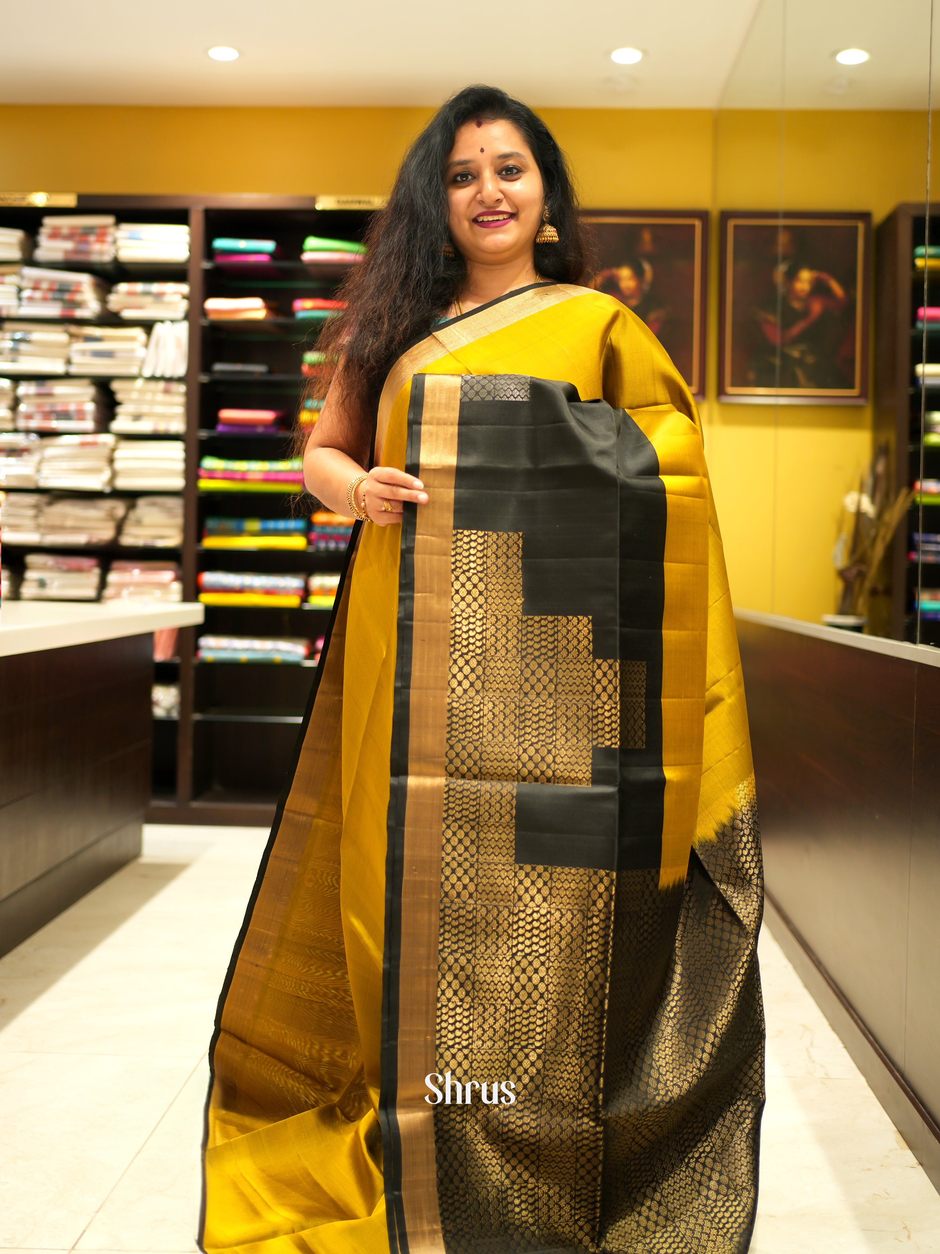 Mustardy Green & Black - Soft Silk Saree - Shop on ShrusEternity.com