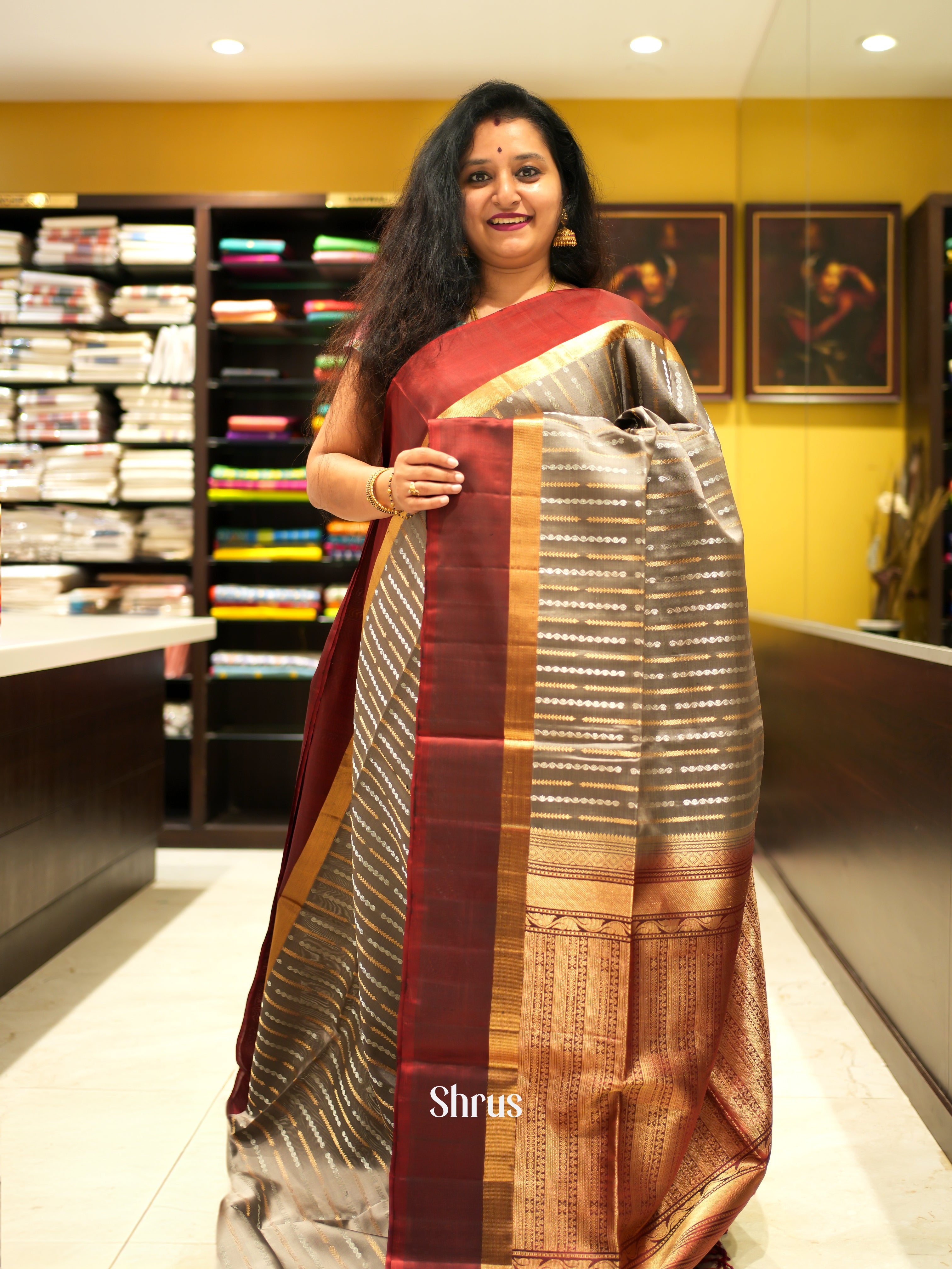 Grey & Brown- Soft Silk Saree - Shop on ShrusEternity.com