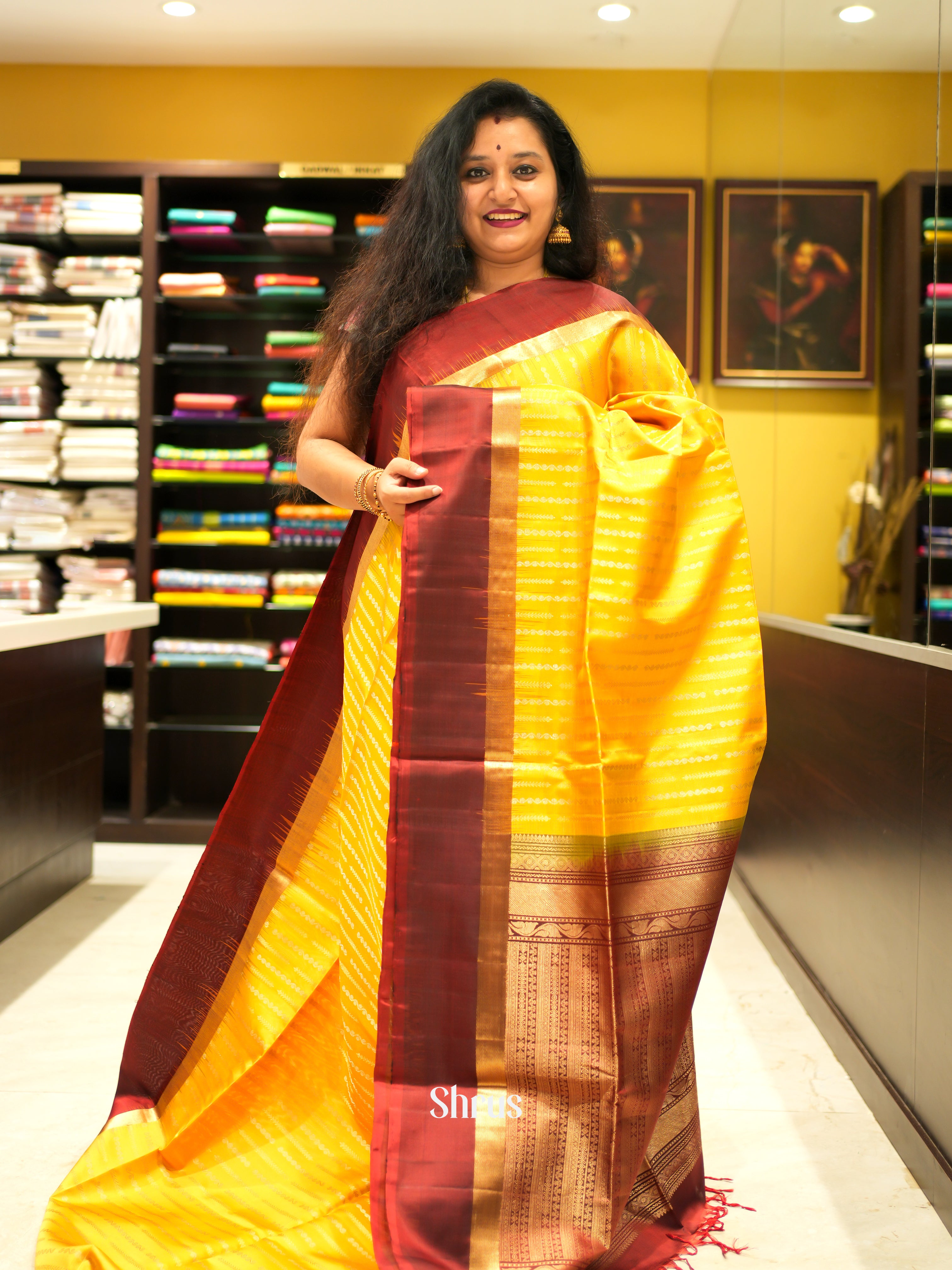 Yellow & Brown - Soft Silk Saree - Shop on ShrusEternity.com
