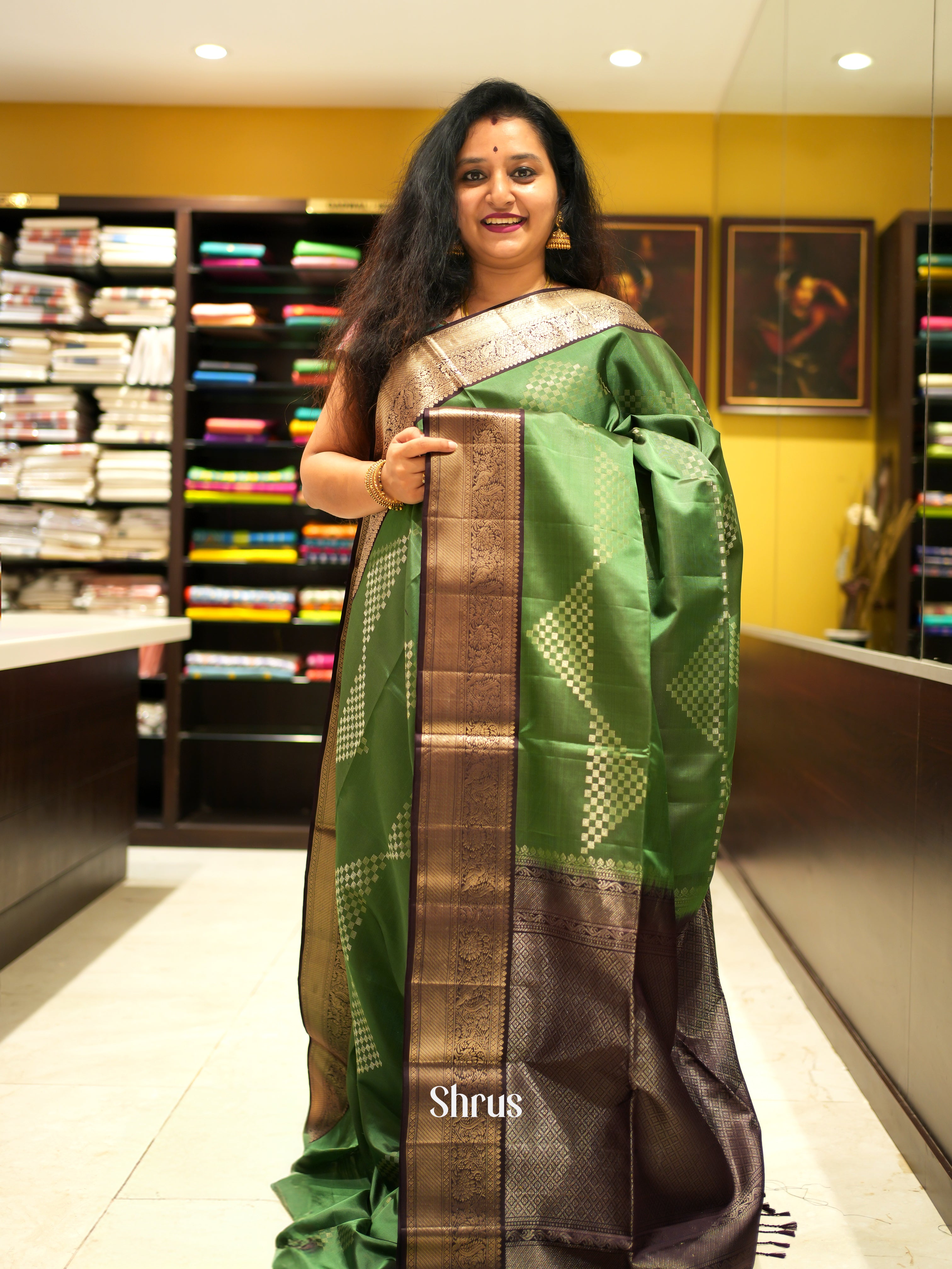 Green & Brown - Soft Silk Saree - Shop on ShrusEternity.com
