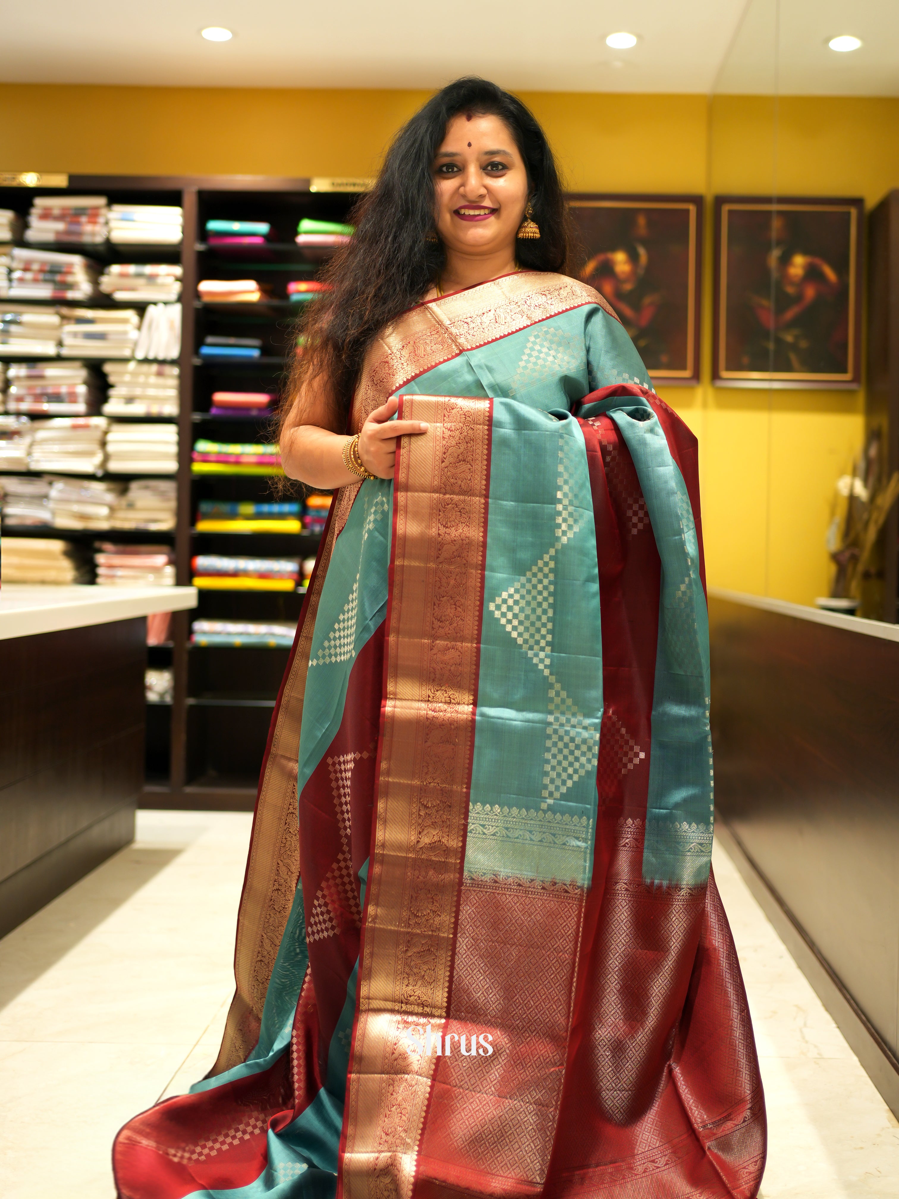 Bluish Grey & Maroon - Soft Silk Saree - Shop on ShrusEternity.com