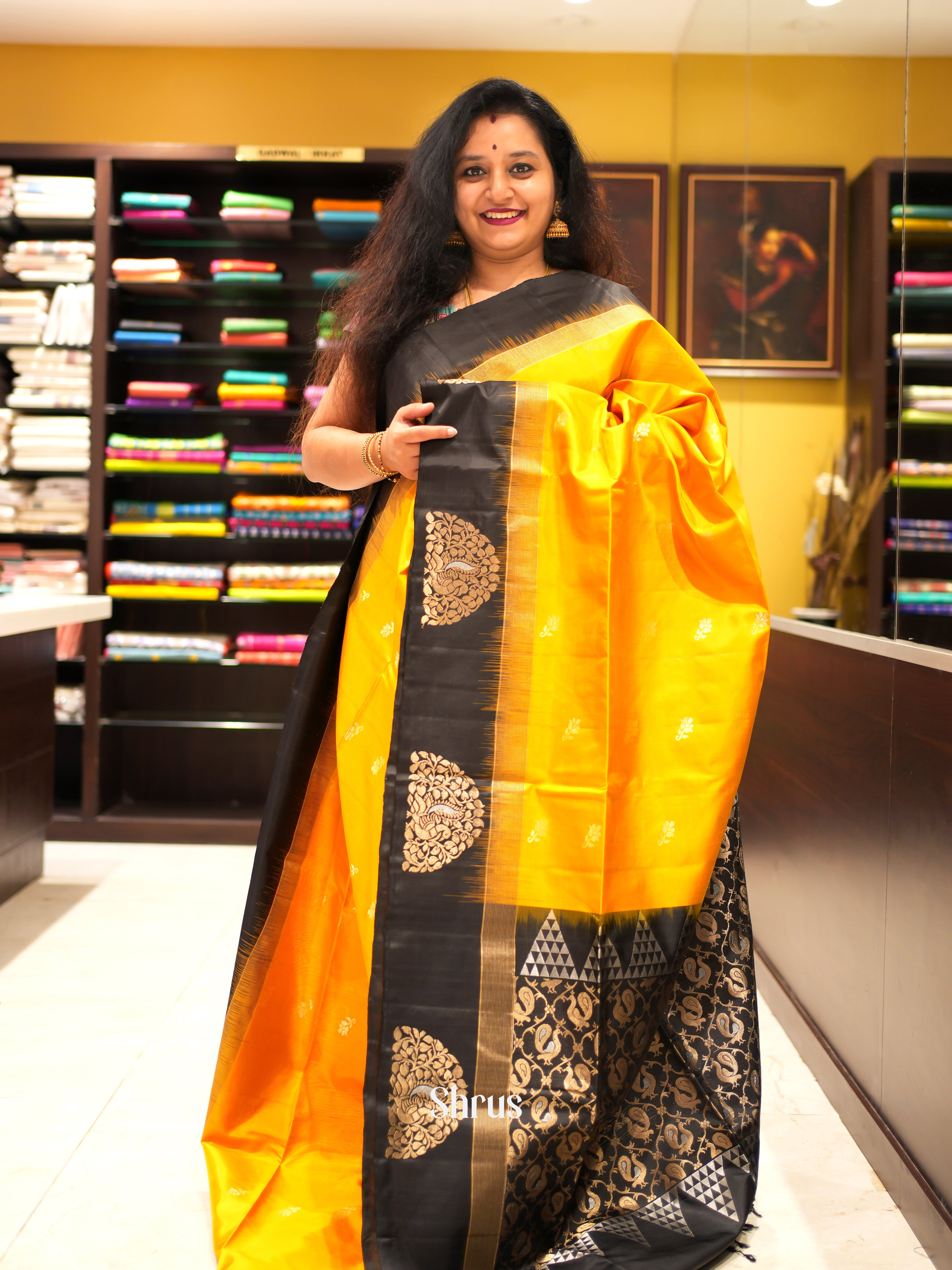 Yellow & Black - Soft Silk Saree - Shop on ShrusEternity.com