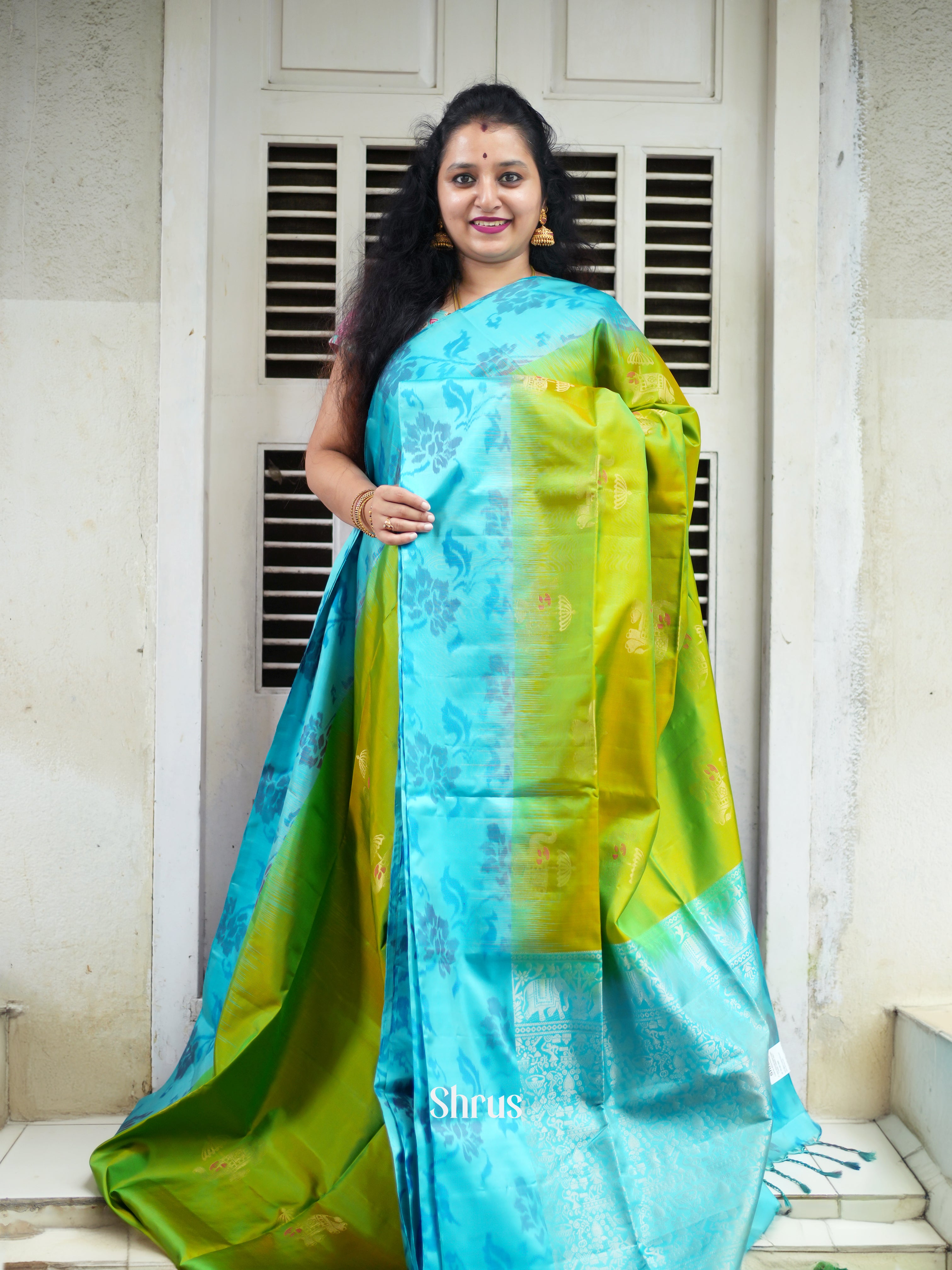 Light Green & Teal - Soft Silk Saree - Shop on ShrusEternity.com