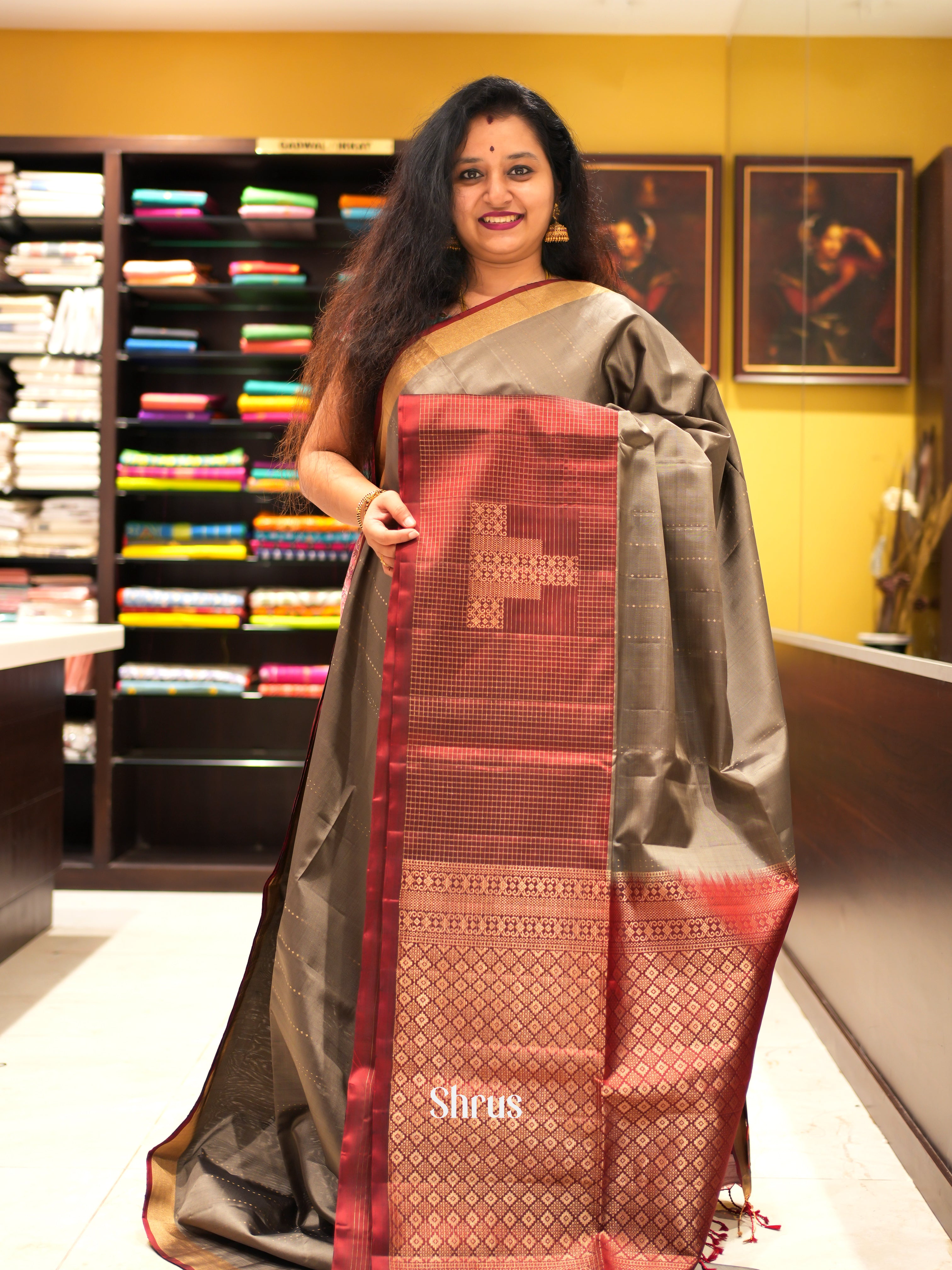 Grey & Maroon - Soft Silk Saree - Shop on ShrusEternity.com