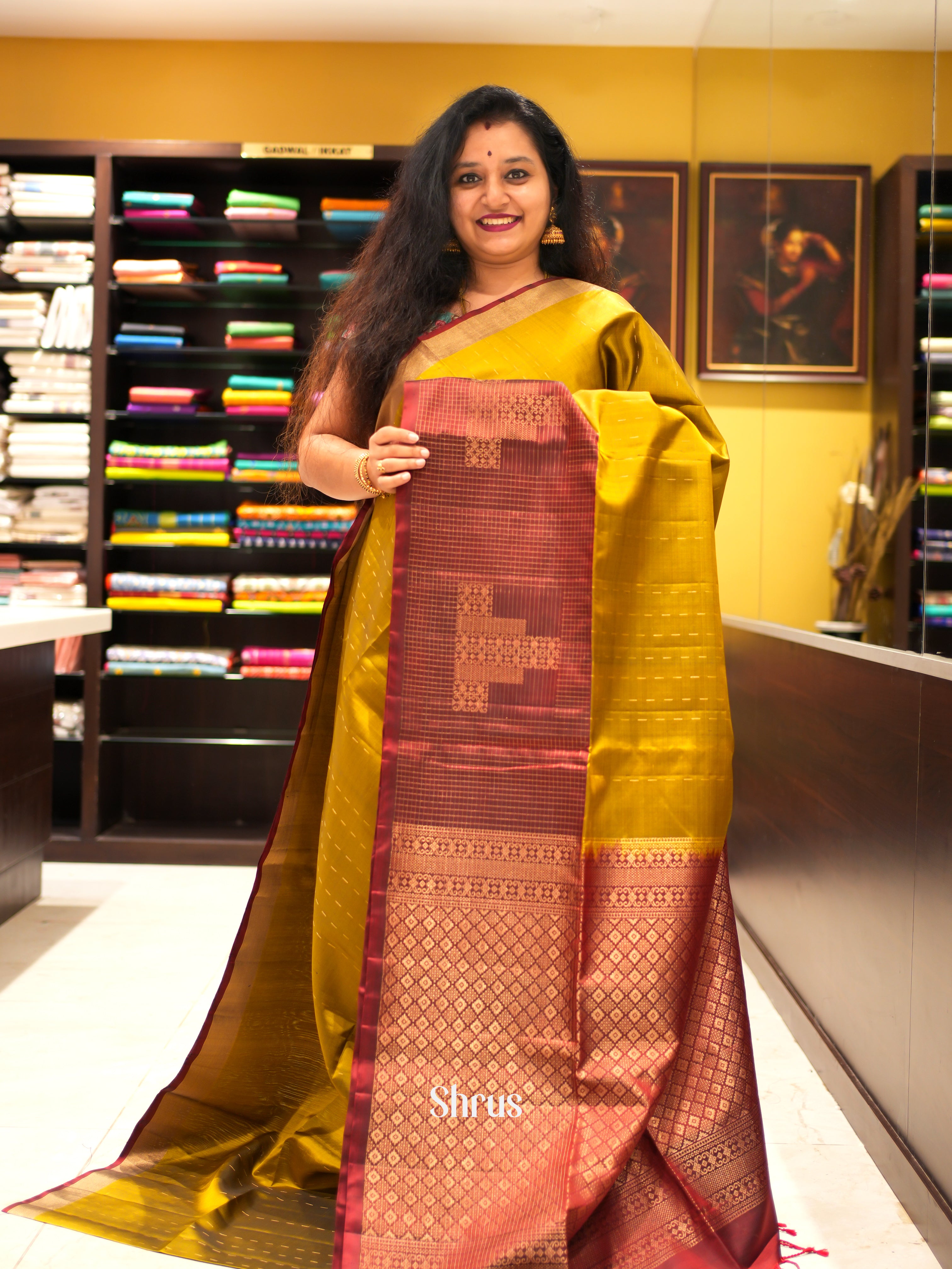 Mustardy Green & Brown - Soft Silk Saree - Shop on ShrusEternity.com