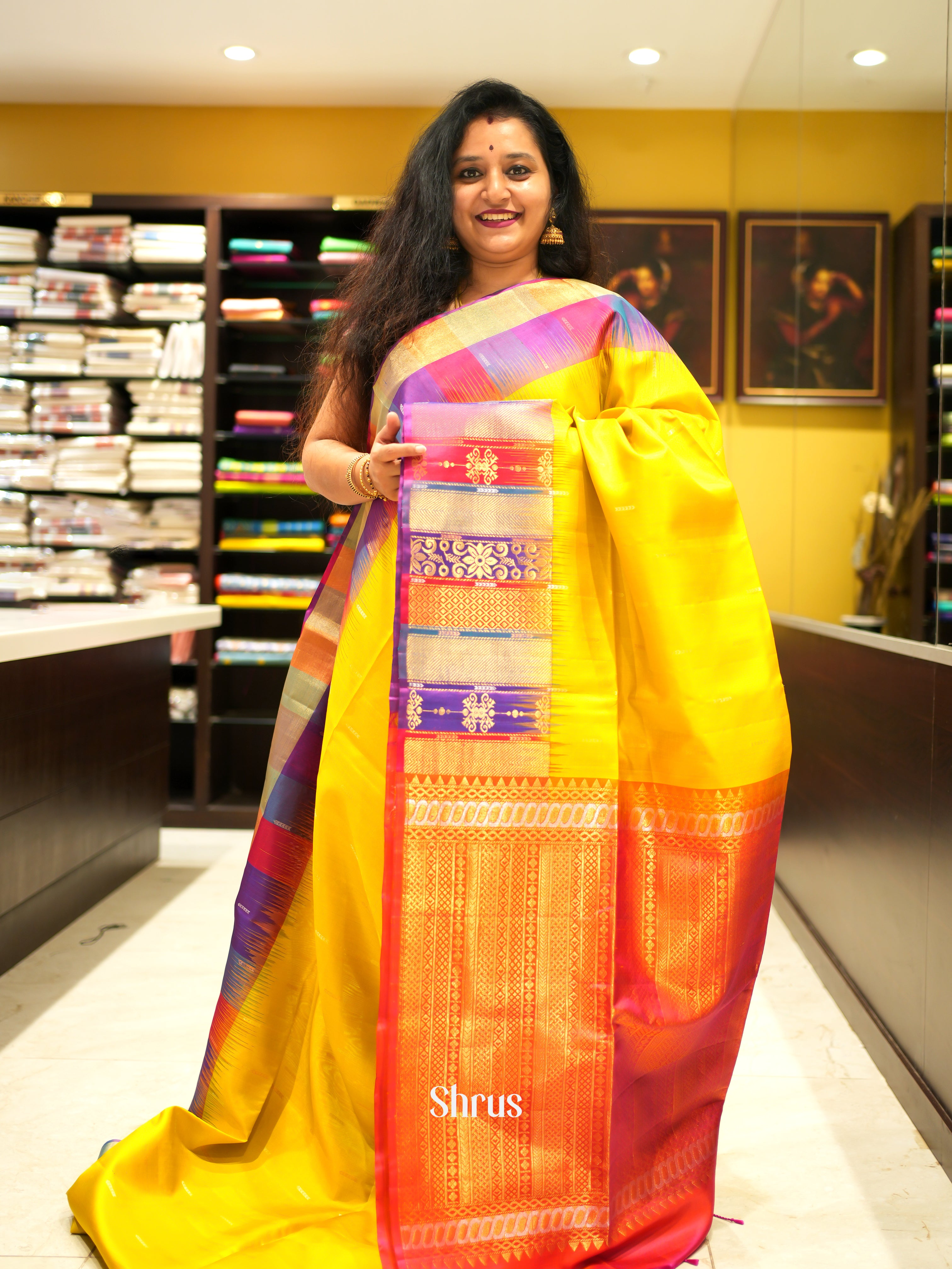 Yellow & Orangish Pink - Soft Silk Saree - Shop on ShrusEternity.com