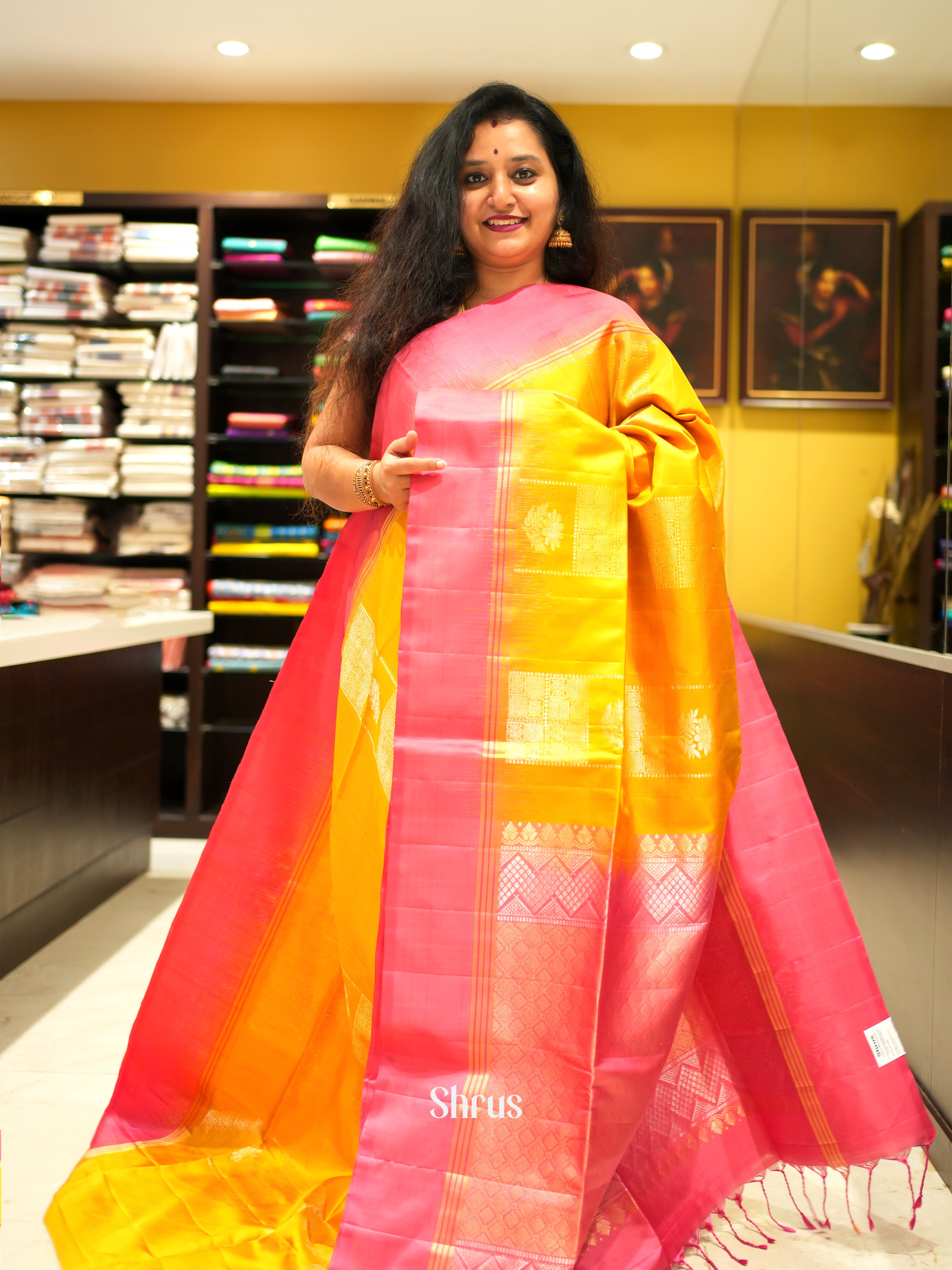 Yellow & Pink - Soft Silk Saree - Shop on ShrusEternity.com