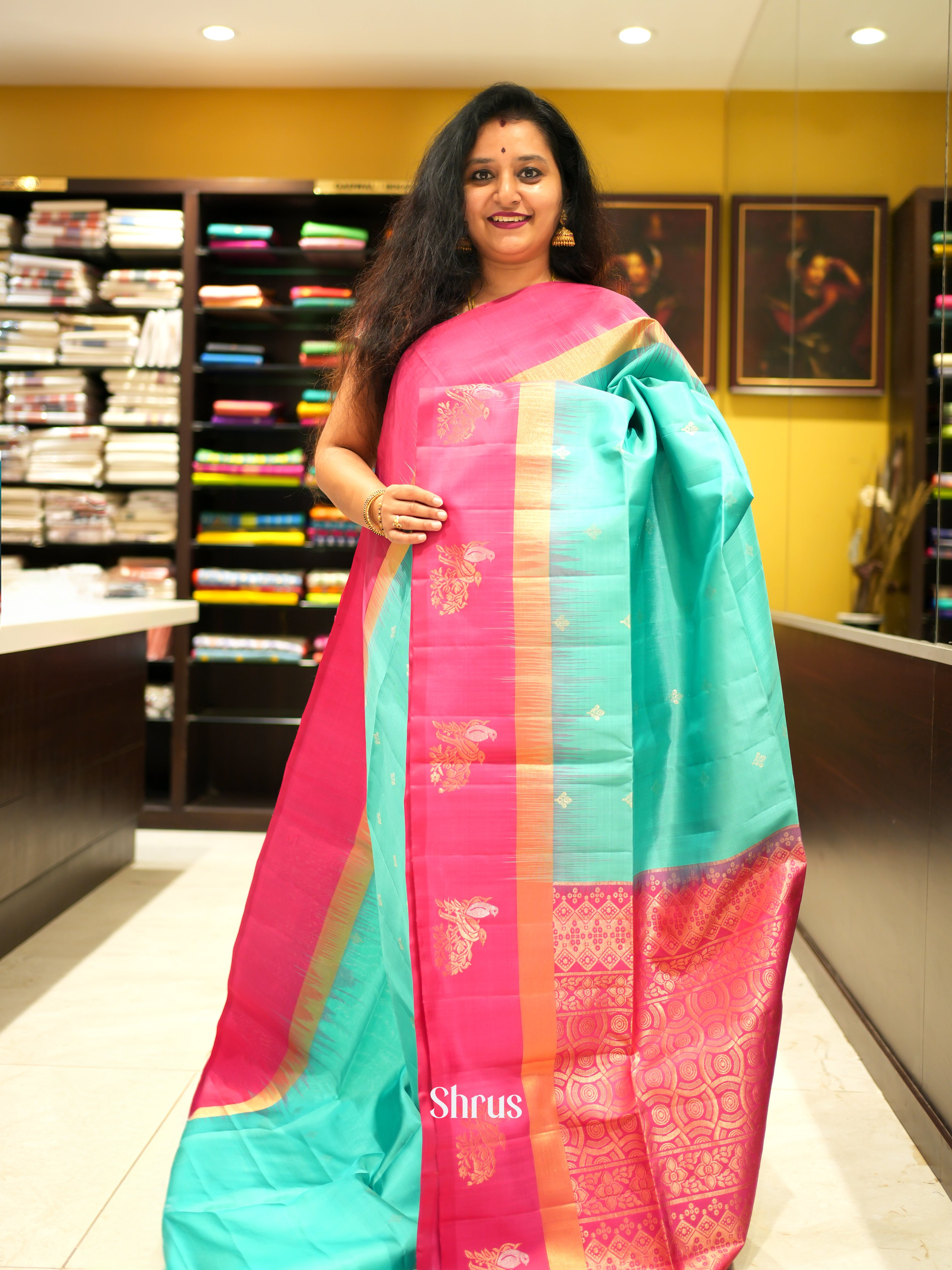 Teal Green & Pink - Soft Silk Saree - Shop on ShrusEternity.com