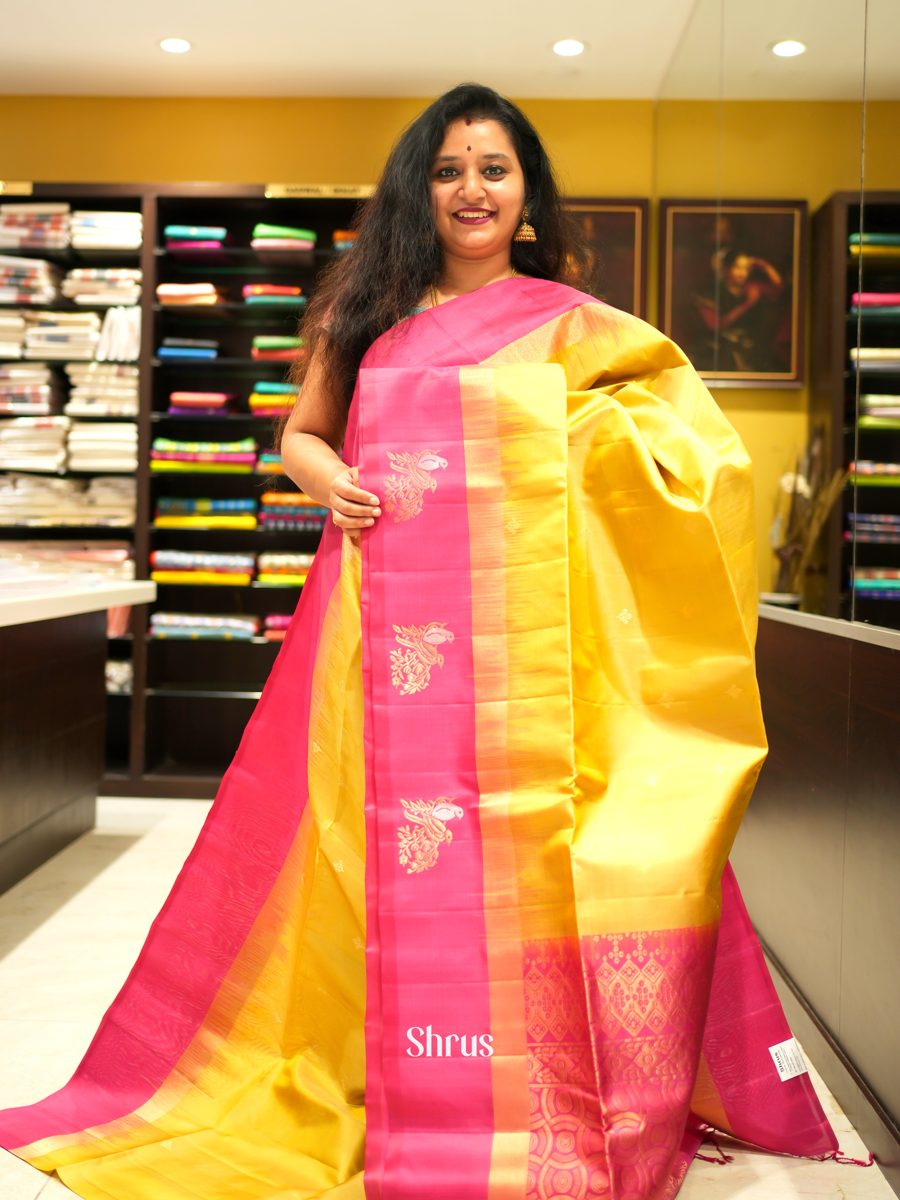 Yellow & Pink - Soft Silk Saree - Shop on ShrusEternity.com