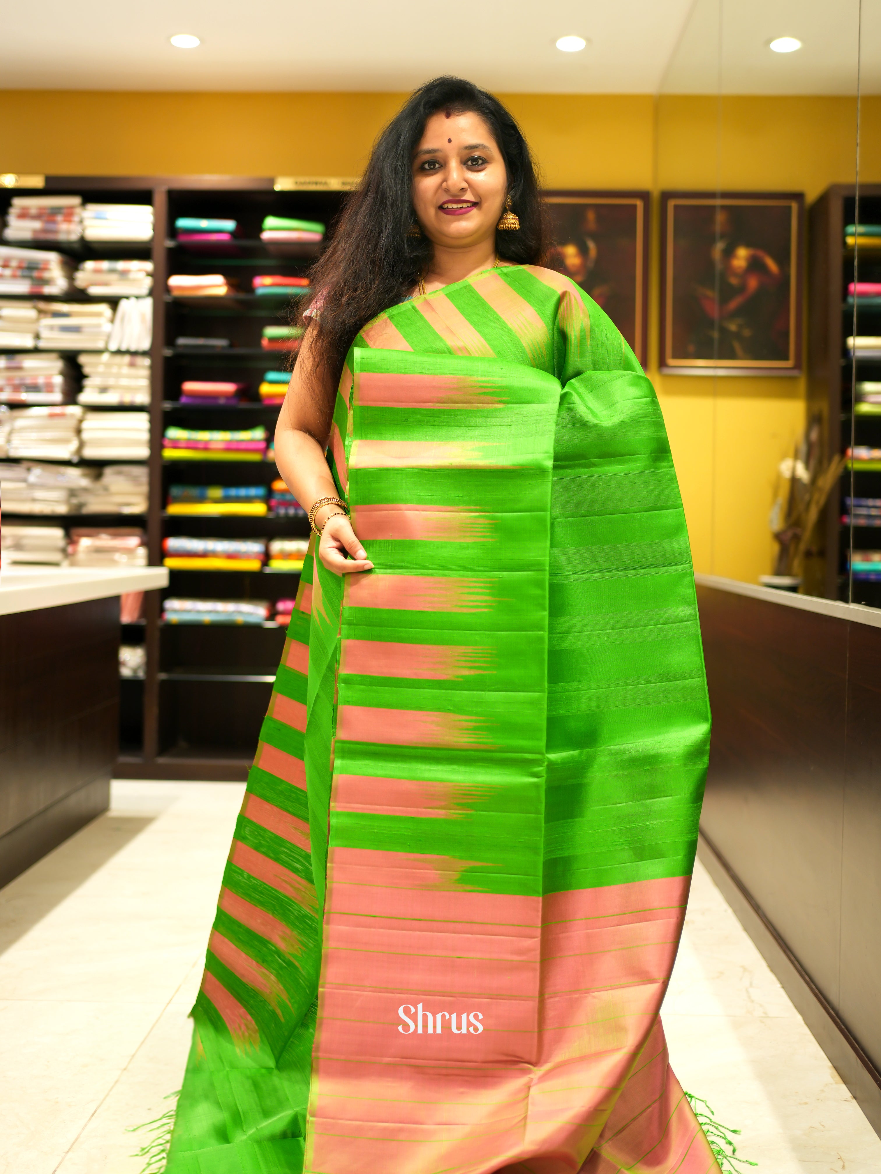 Green & Peach - Soft Silk Saree - Shop on ShrusEternity.com