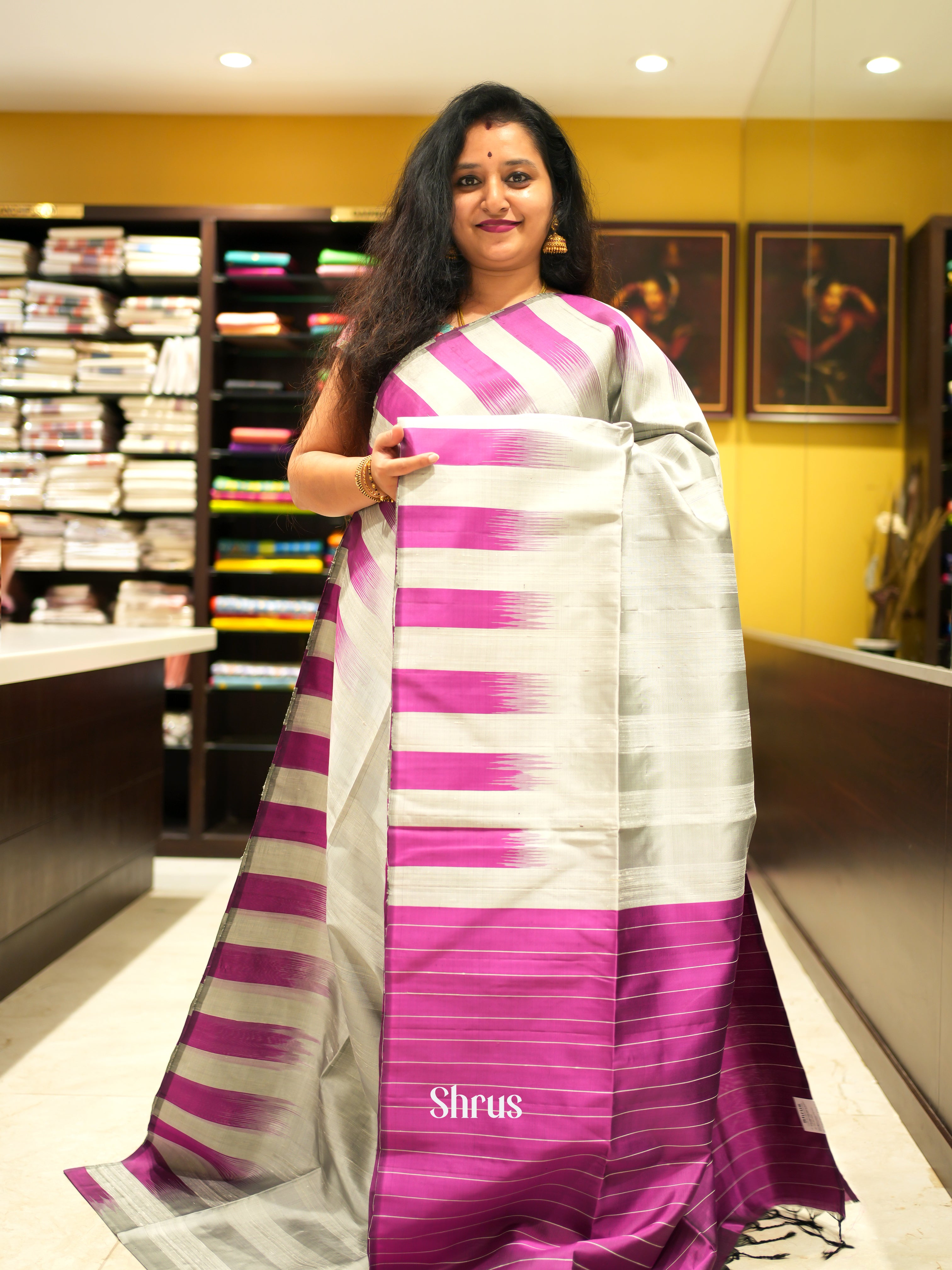 Grey & Majenta - Soft Silk Saree - Shop on ShrusEternity.com