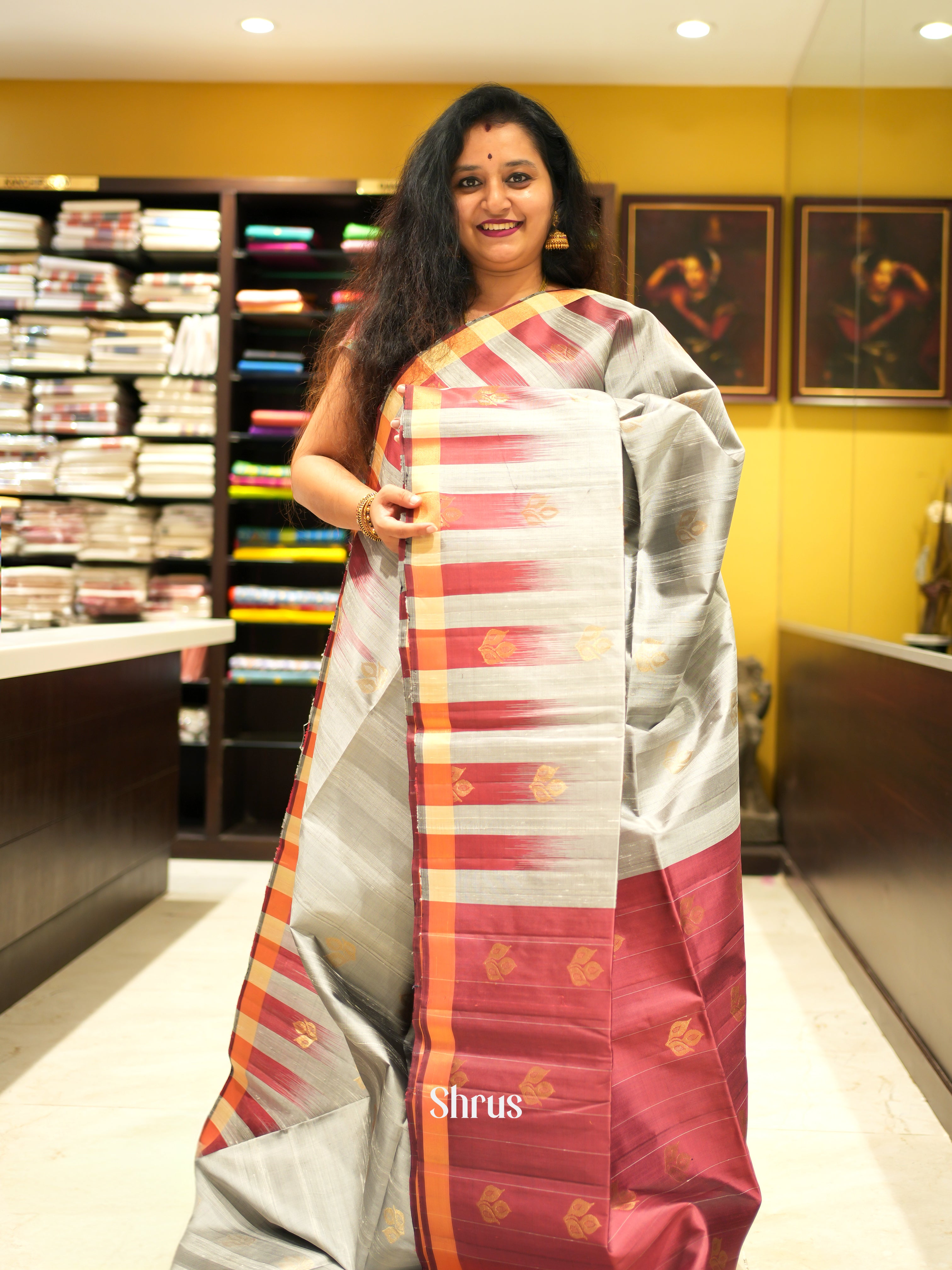 Grey & Brown - Soft Silk Saree - Shop on ShrusEternity.com