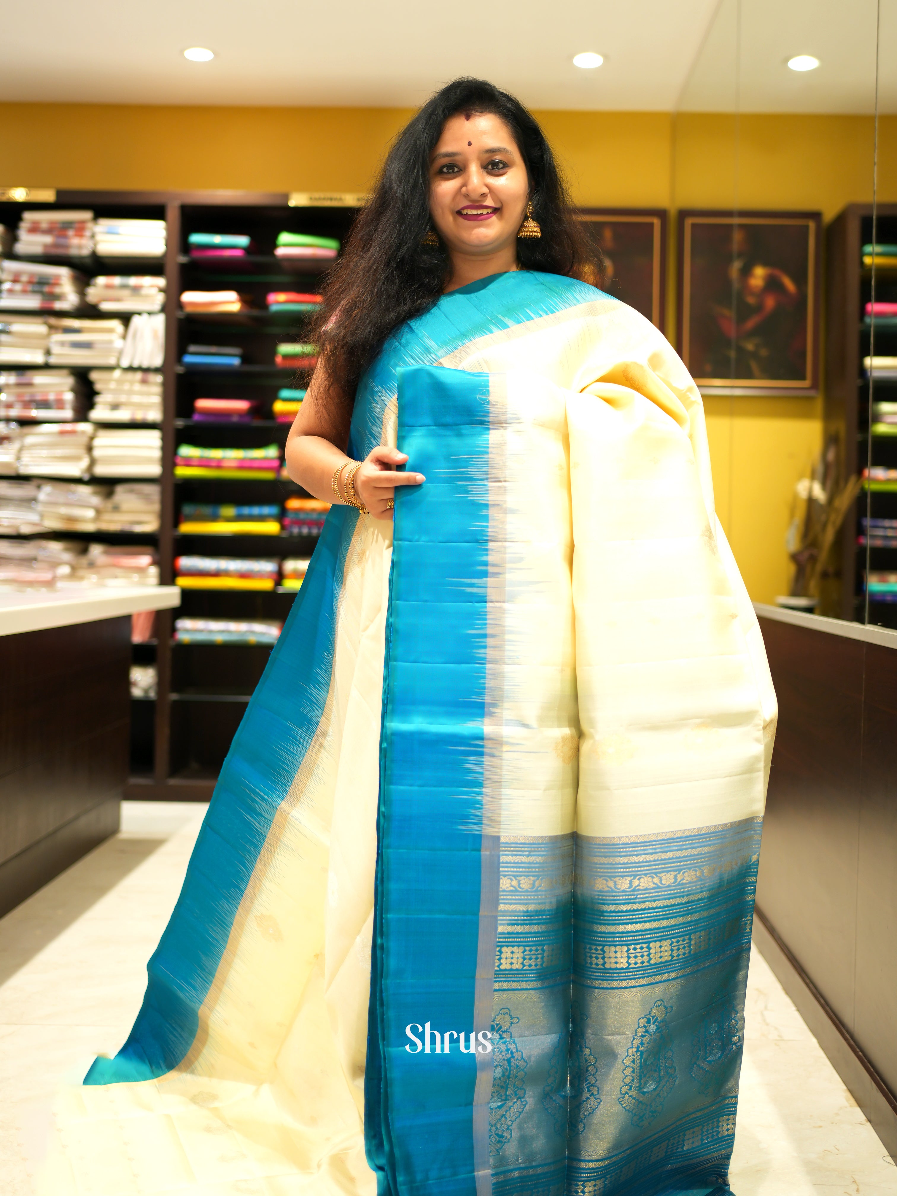 Cream & Teal - Soft Silk Saree - Shop on ShrusEternity.com