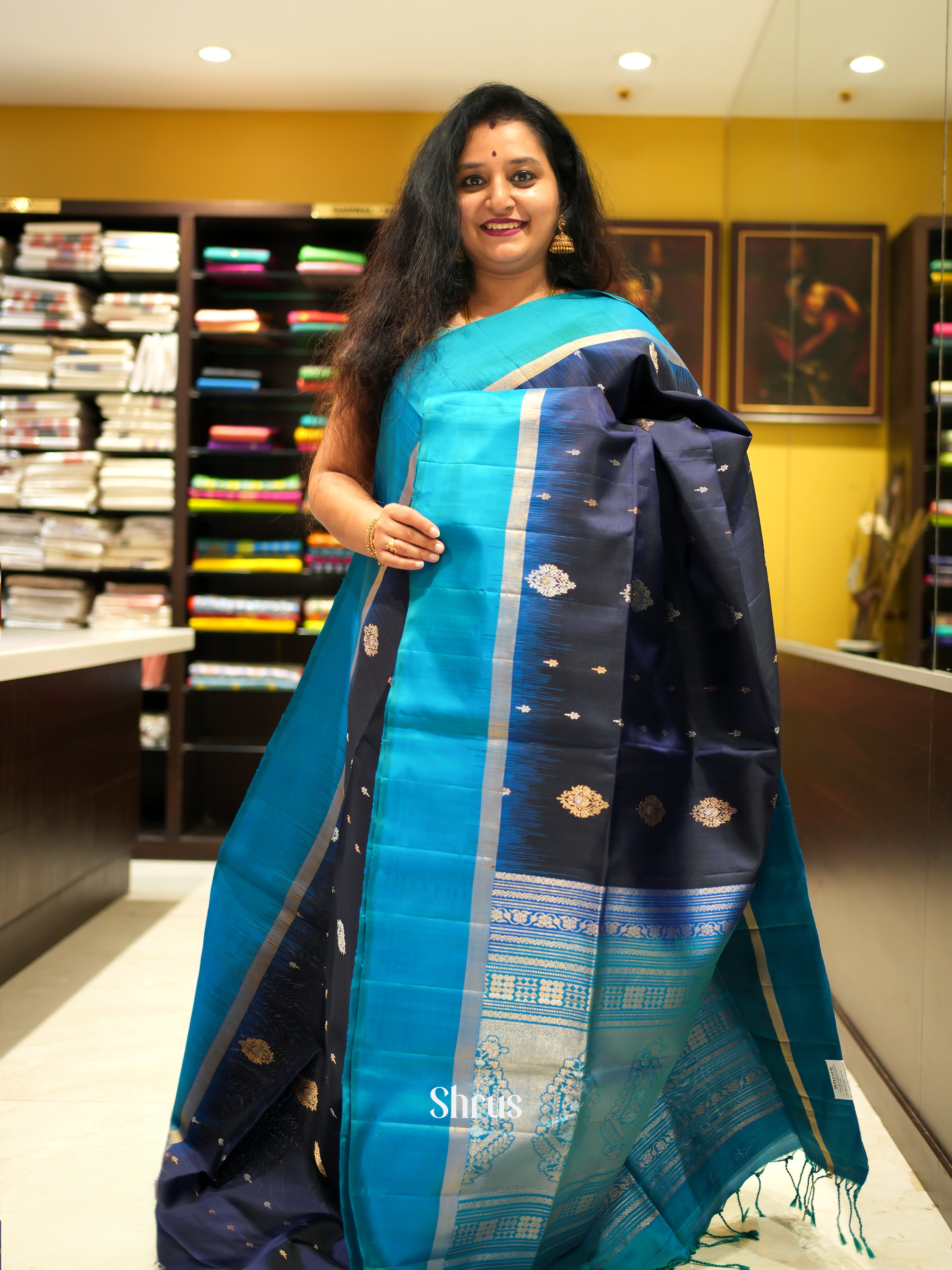 Navy Blue & Teal - Soft Silk Saree - Shop on ShrusEternity.com