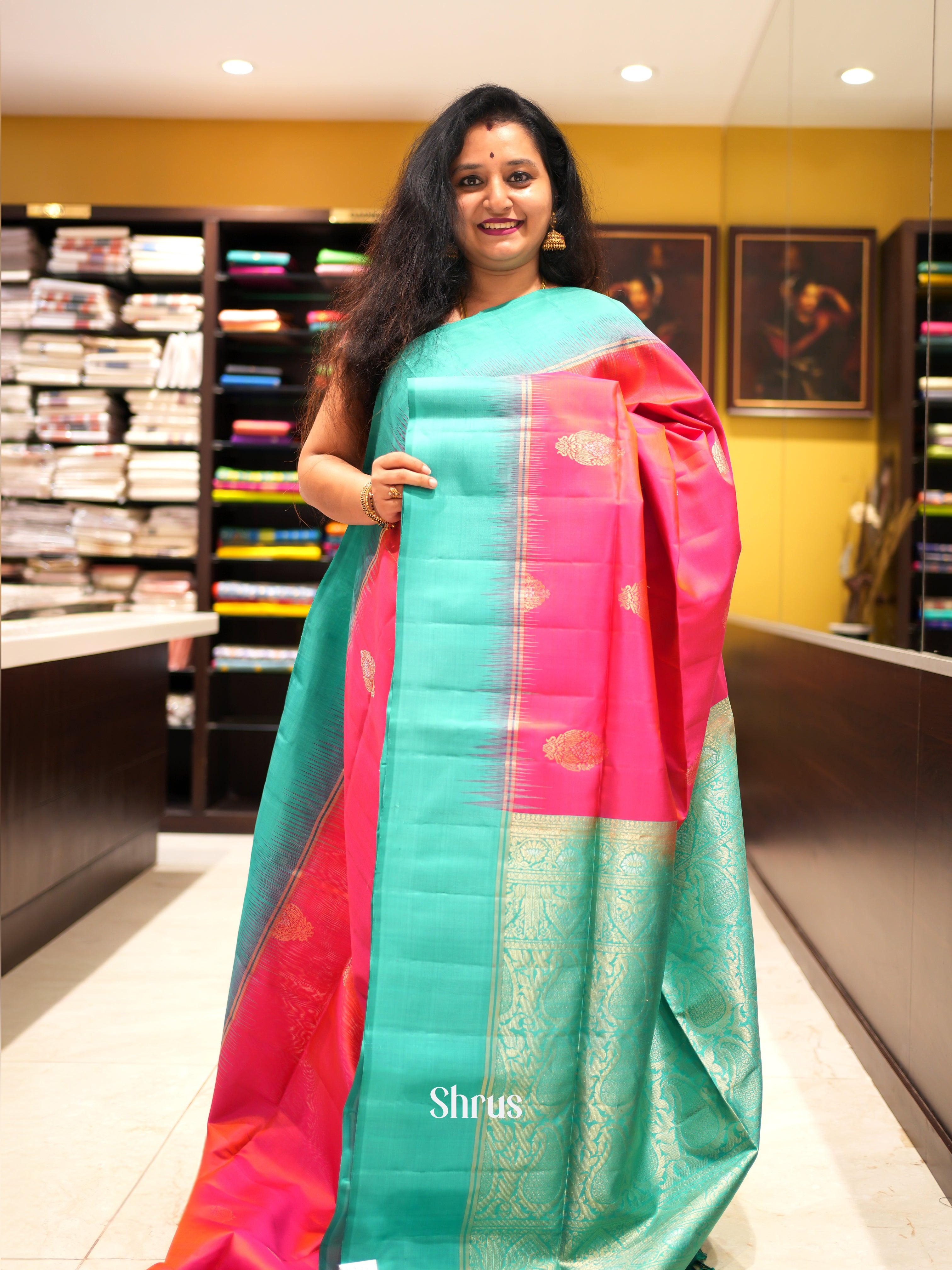 Pink & Teal Green - Soft Silk Saree - Shop on ShrusEternity.com