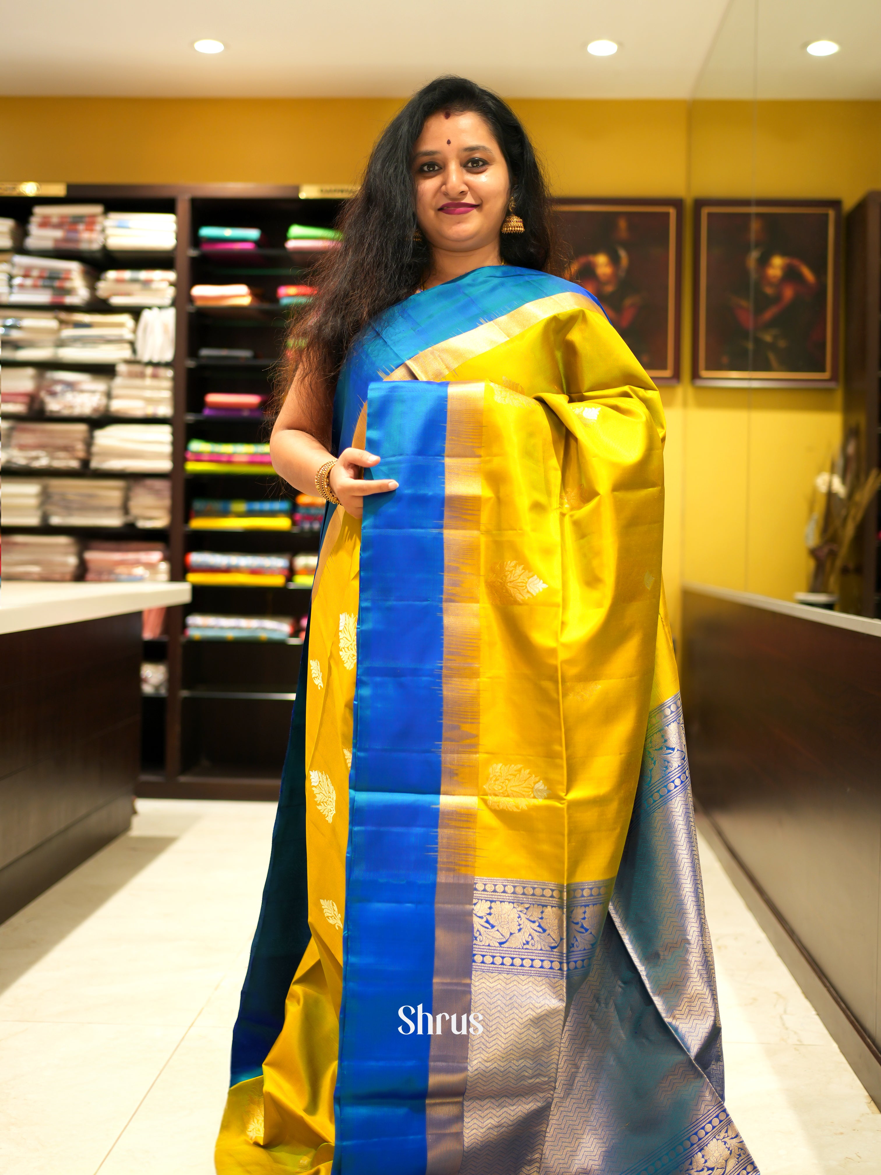 Mustard & Blue - Soft Silk Saree - Shop on ShrusEternity.com